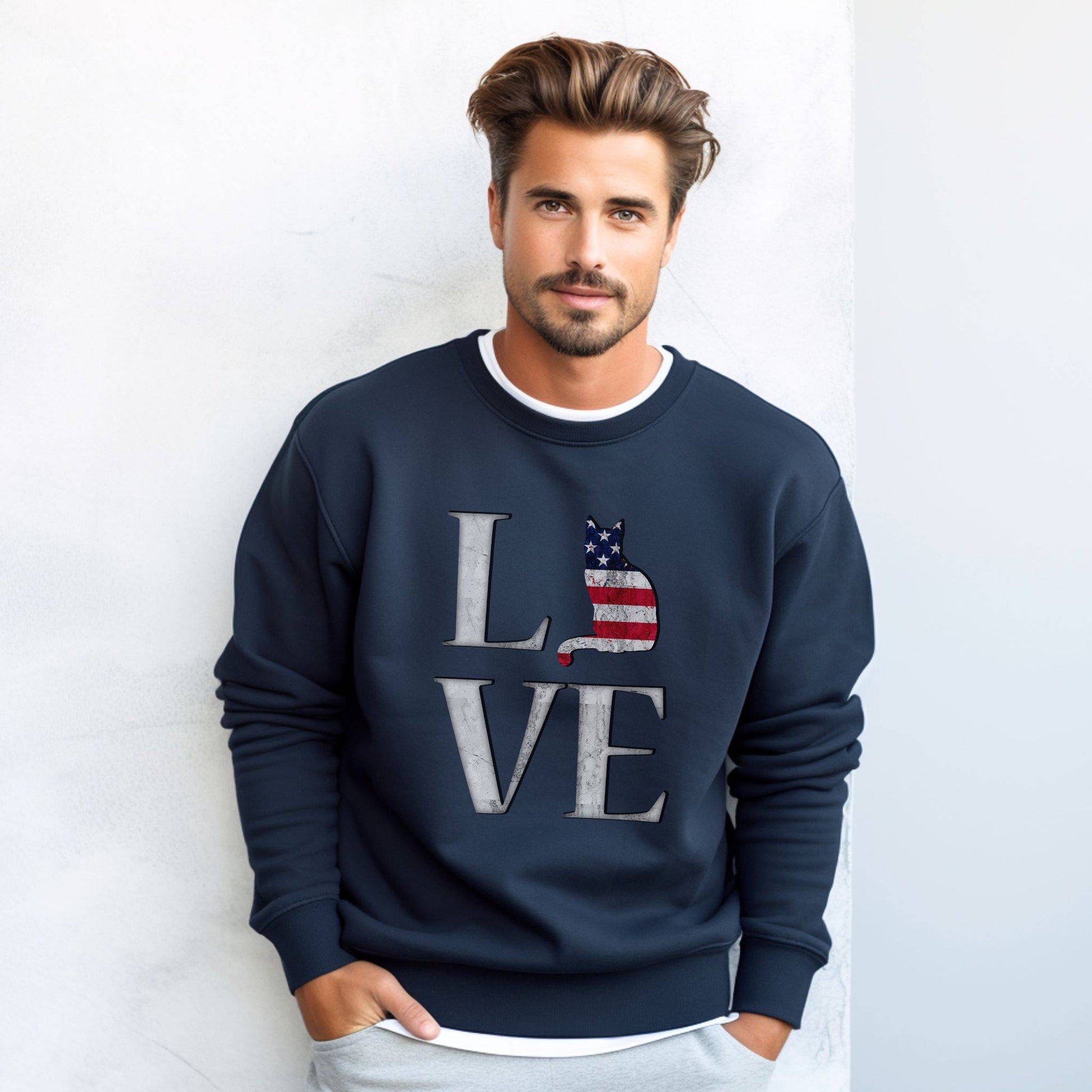 Navy LOVE USA Cat Themed Crewneck Unisex Sweatshirt