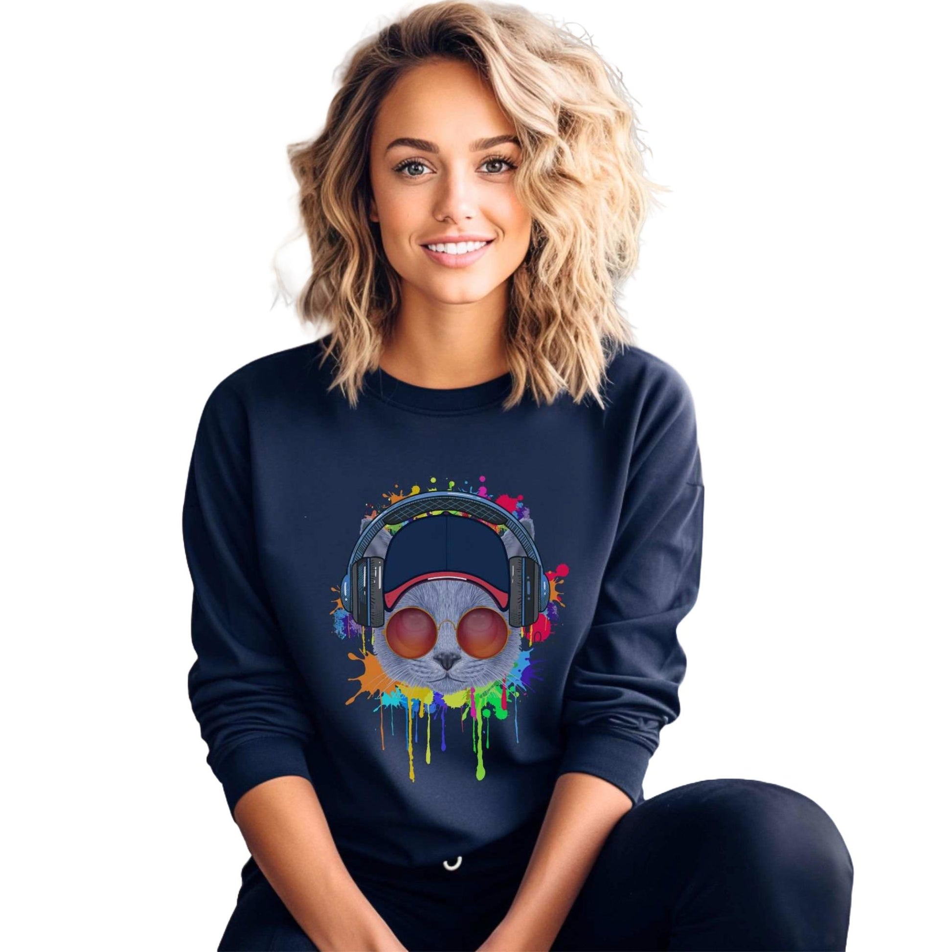 Navy Lost In Music Cat Themed Crewneck Unisex Sweatshirt