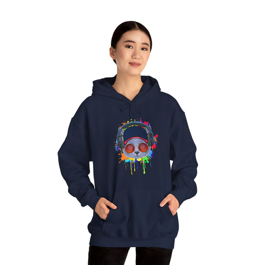 Navy Lost In Music Cat Themed Hooded Sweatshirt Unisex