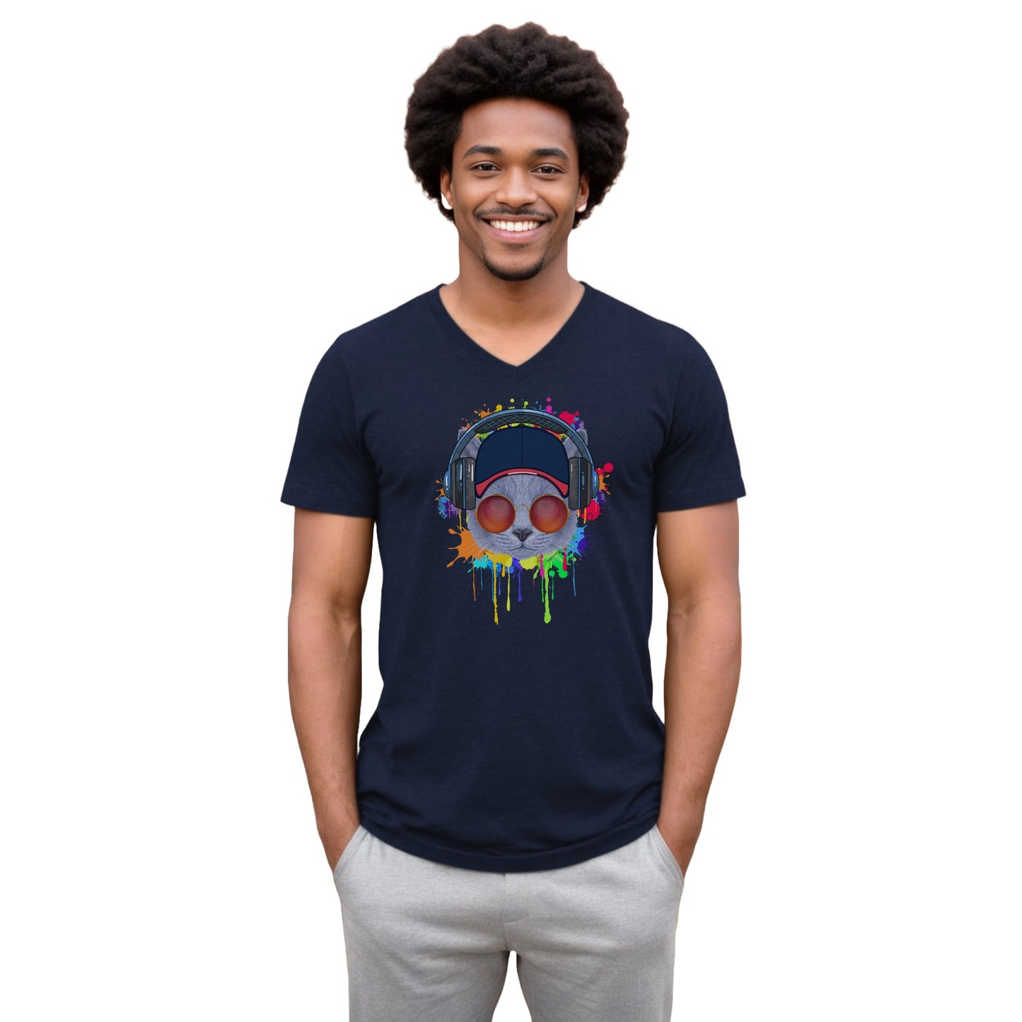 Navy Lost In Music Cat T-Shirt V-Neck Unisex