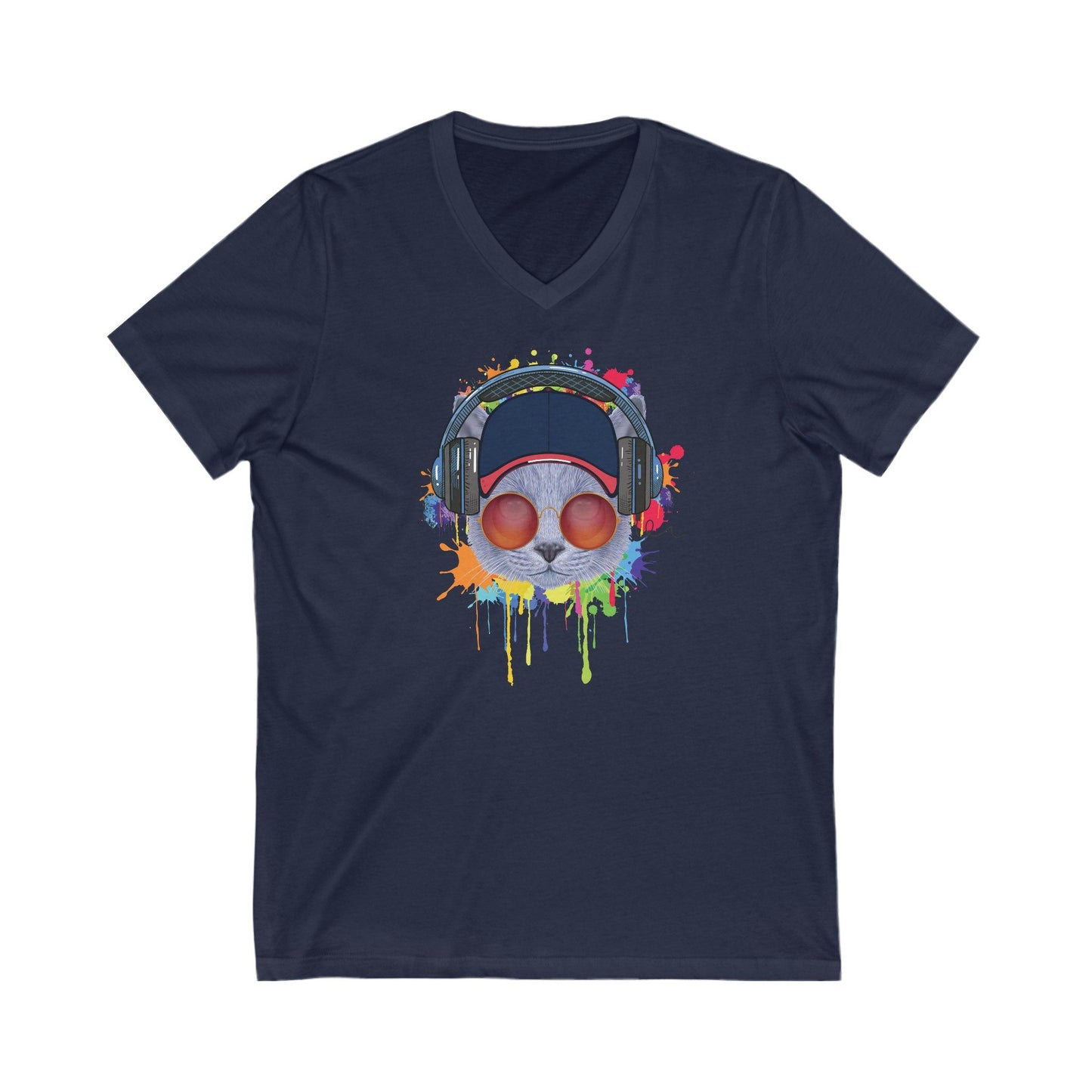 Navy Lost In Music Cat T-Shirt V-Neck Unisex