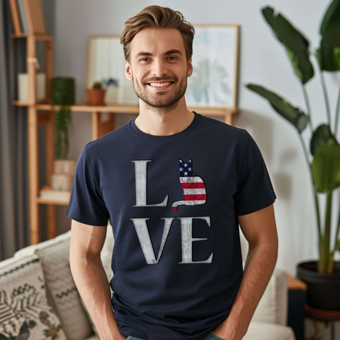 Navy Love USA T-Shirt Cat Themed Unisex