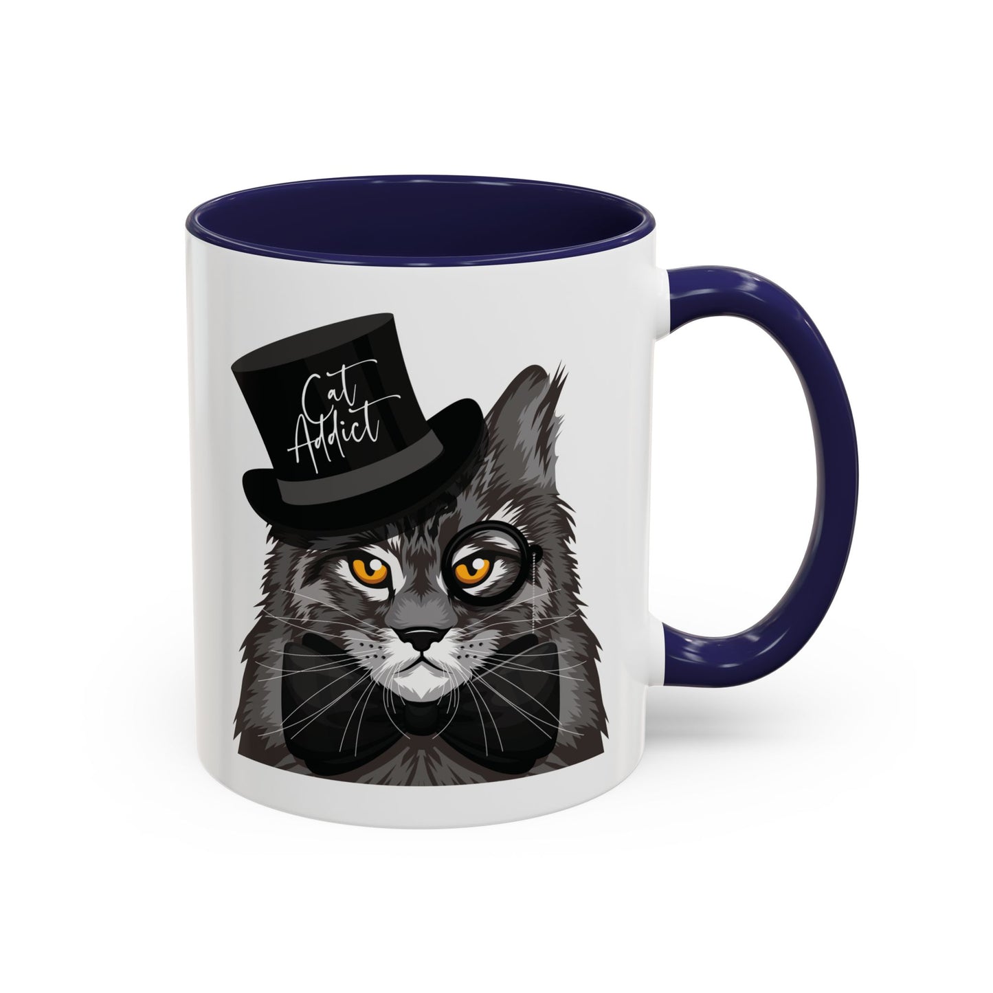 Mug with an illustration of a Maine Coon cat wearing a top hat and the text 'Cat Addict' 