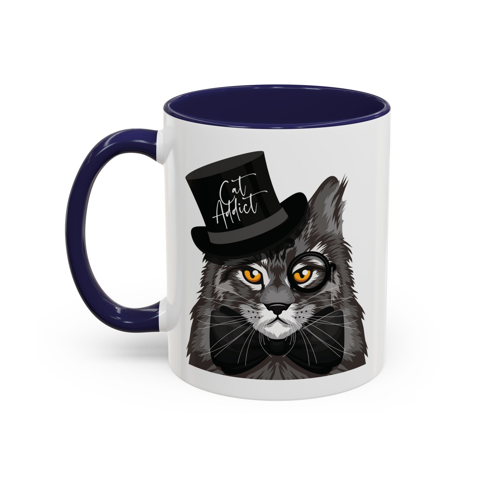 Mug with an illustration of a Maine Coon cat wearing a top hat and the text 'Cat Addict' 