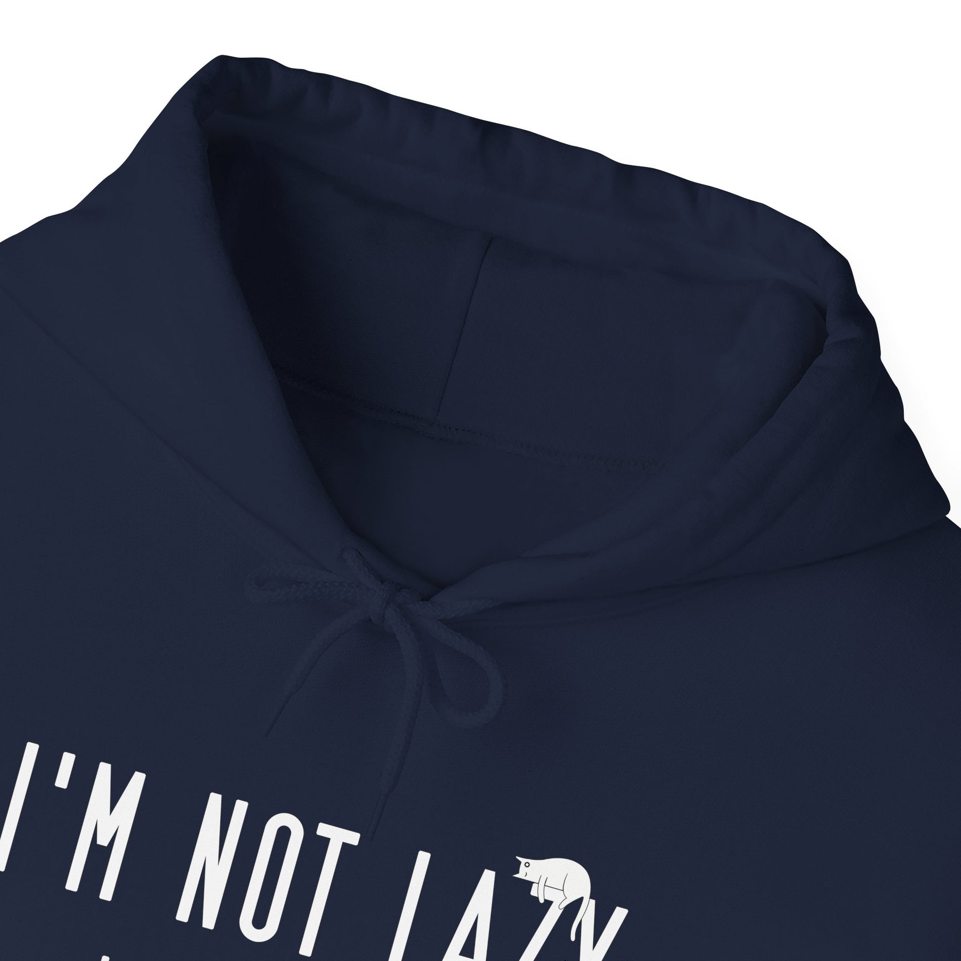 Navy Not Lazy Cat Themed Hooded Sweatshirt Unisex