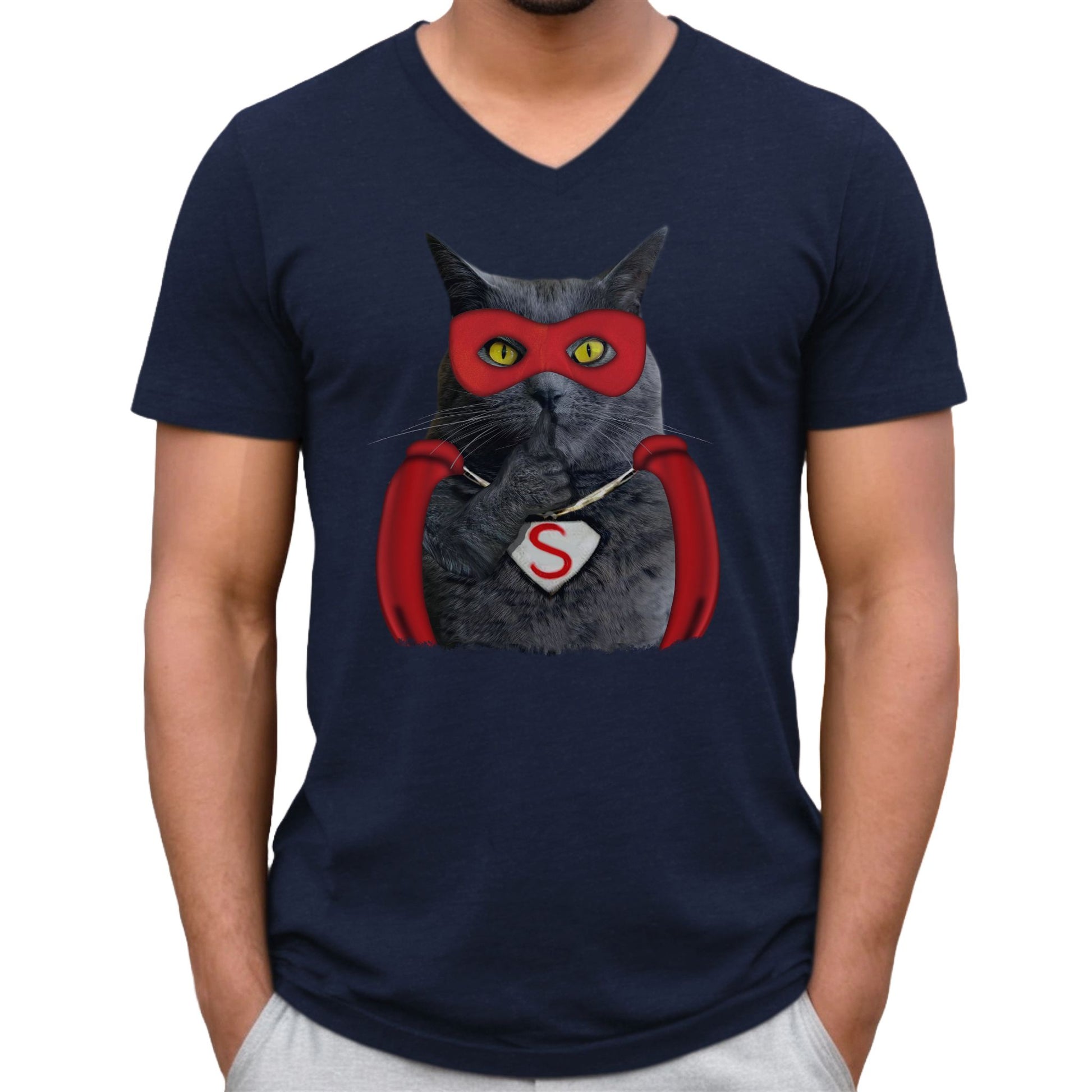 Navy Super Cat V-Neck Unisex T-Shirt