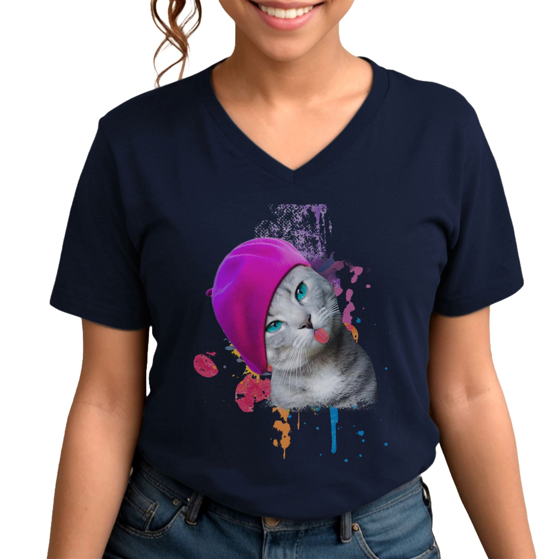 Navy Beret Girl Cat V-Neck T-Shirt Cat