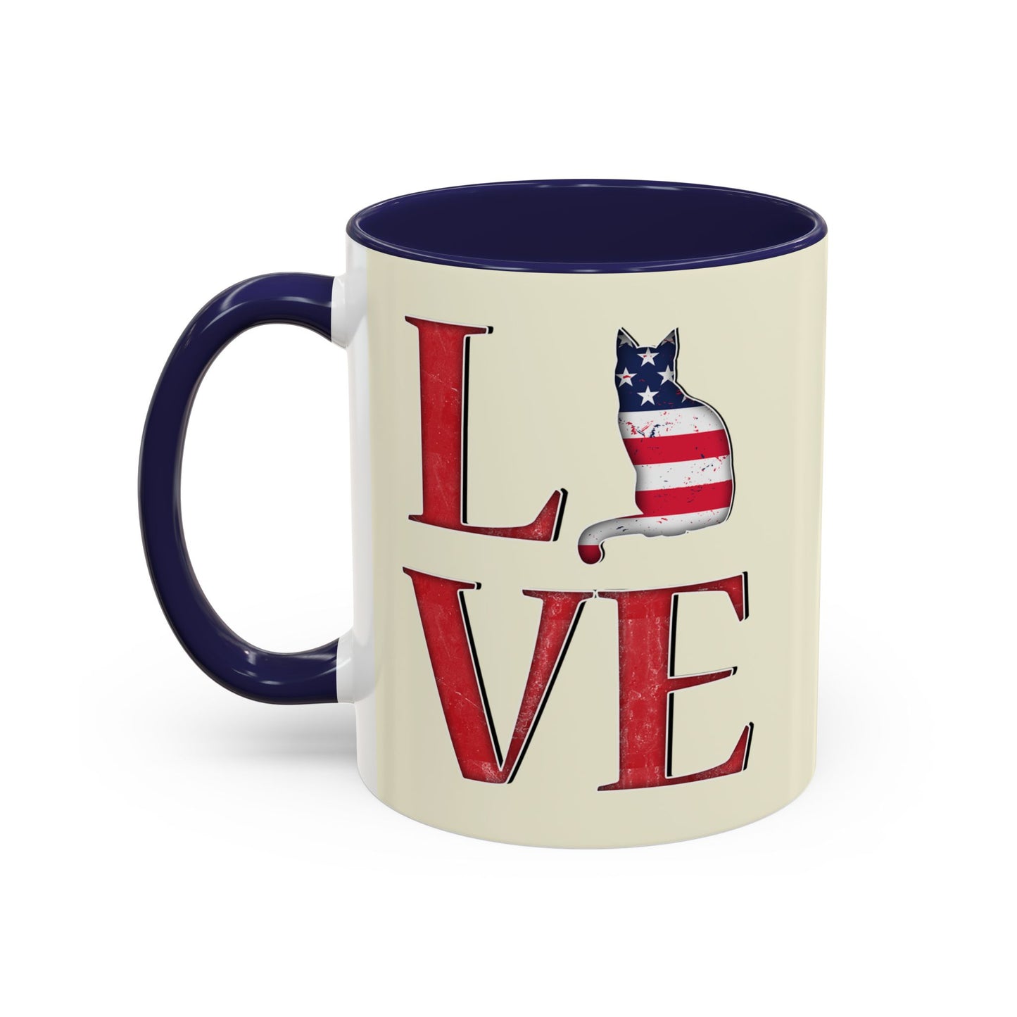Navy mug with LOVE text and cat silhouette graphics in colors of American flag.