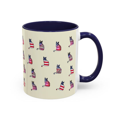 Navy mug with LOVE text and cat silhouette graphics in colors of American flag.
