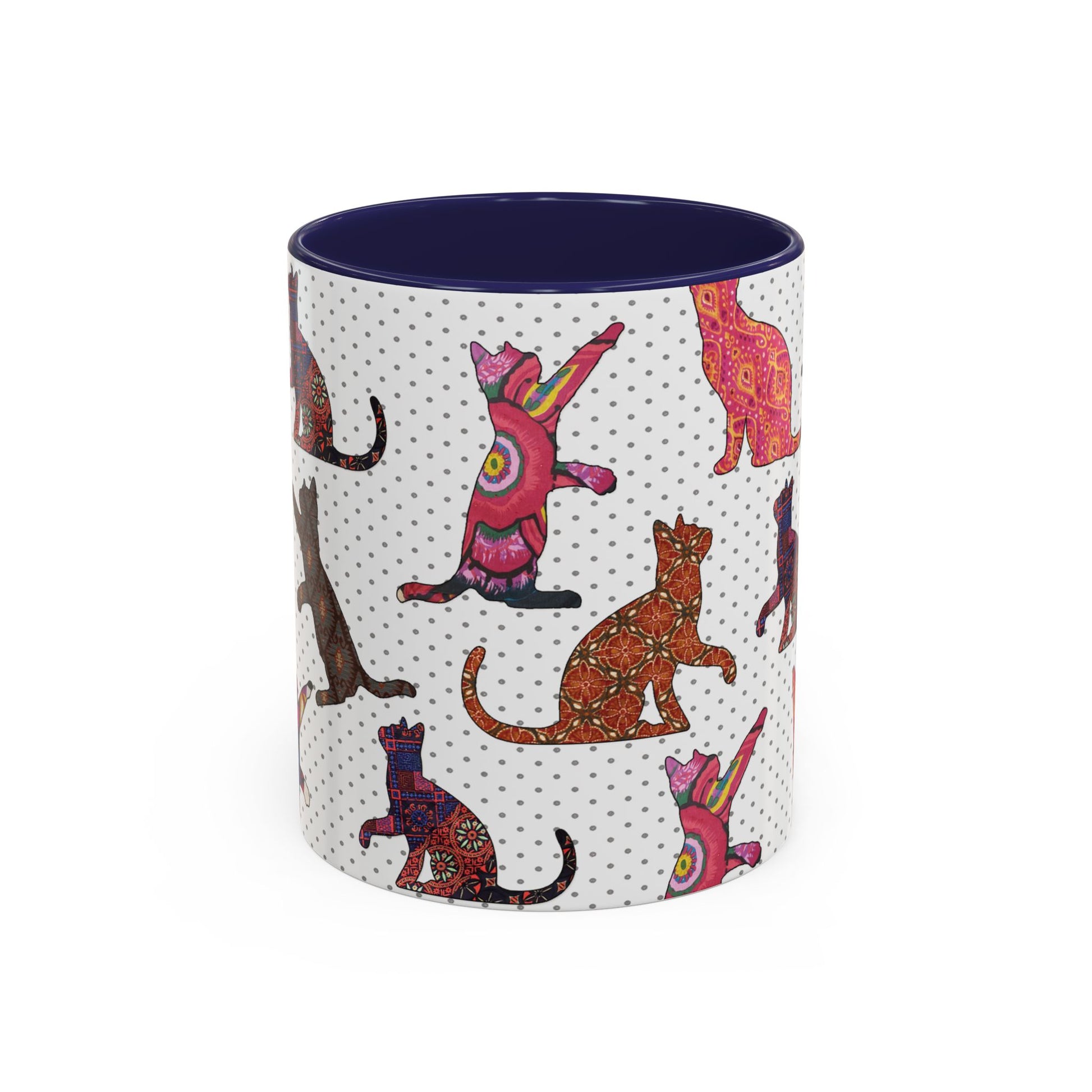 Navy mug with colorful cat silhouette pattern.