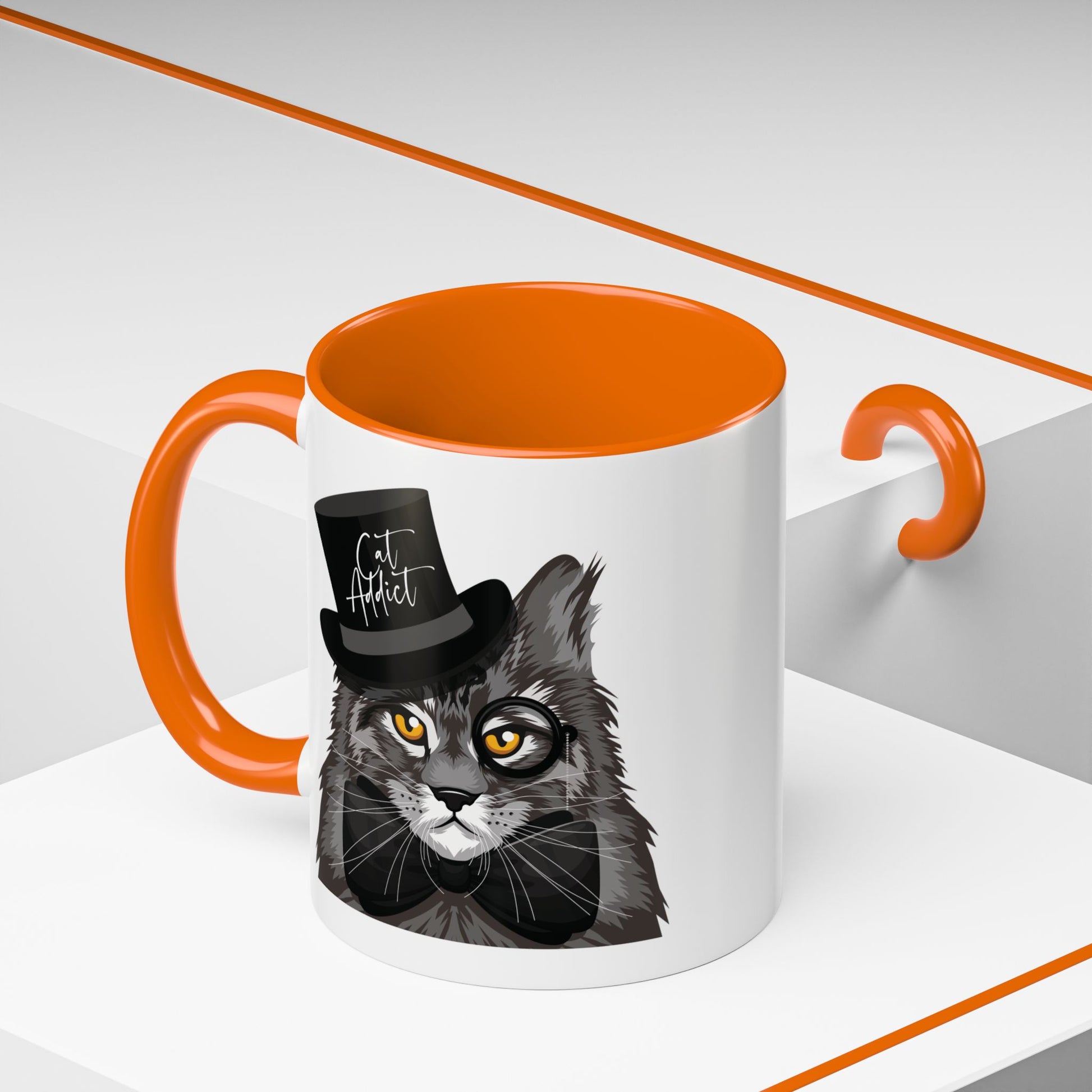 Mug with an illustration of a Maine Coon cat wearing a top hat and the text 'Cat Addict' 