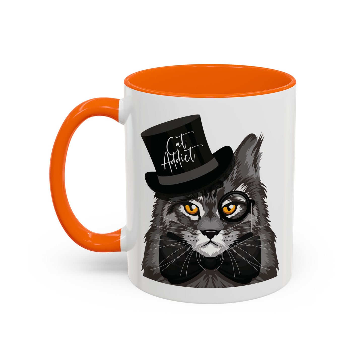 Mug with an illustration of a Maine Coon cat wearing a top hat and the text 'Cat Addict' 