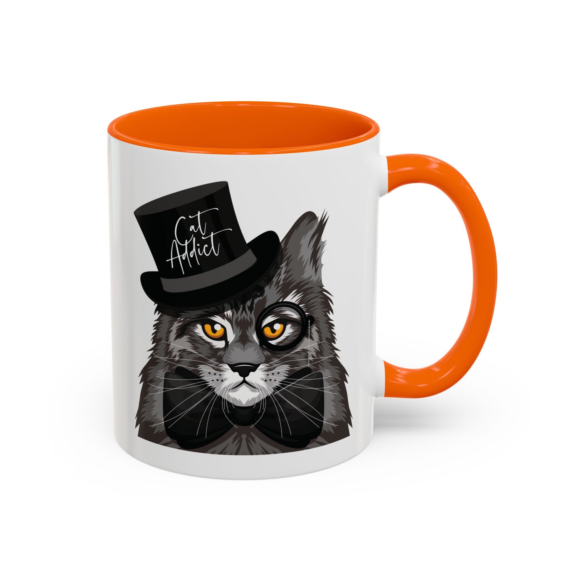 Mug with an illustration of a Maine Coon cat wearing a top hat and the text 'Cat Addict' 