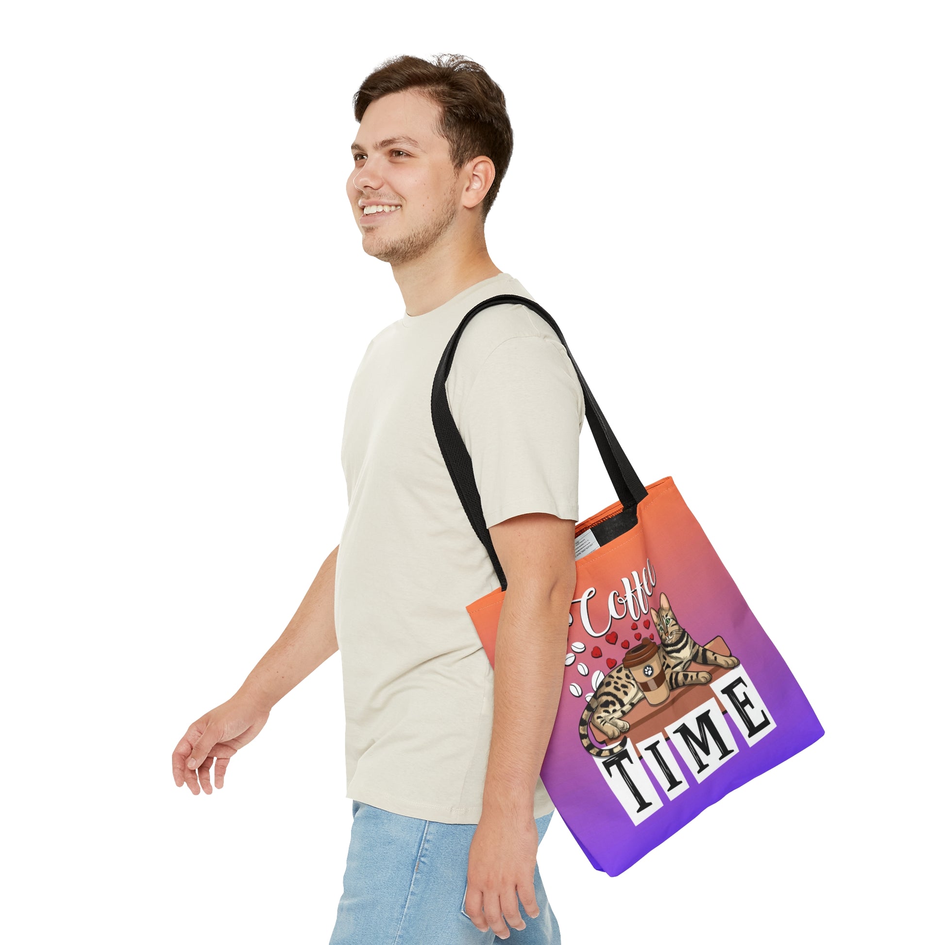 Bengal Cat Themed Purple & Orange Colored Tote Bag With The Text " Coffee Time", And Graphic Of A Bengal Cat, Coffee Beans And Love Hearts.