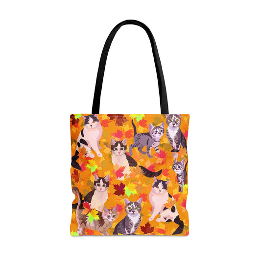 Orange Tote bag with illustrated cats and fall leaf theme