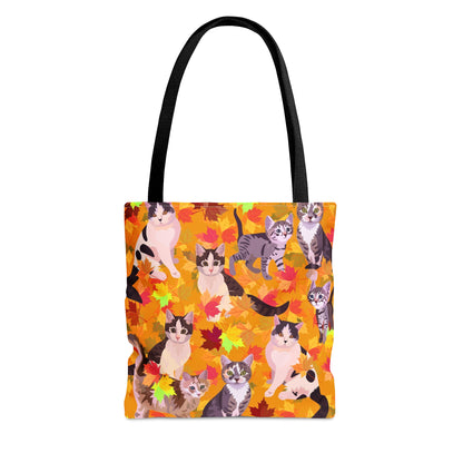 Orange Tote bag with illustrated cats and fall leaf theme