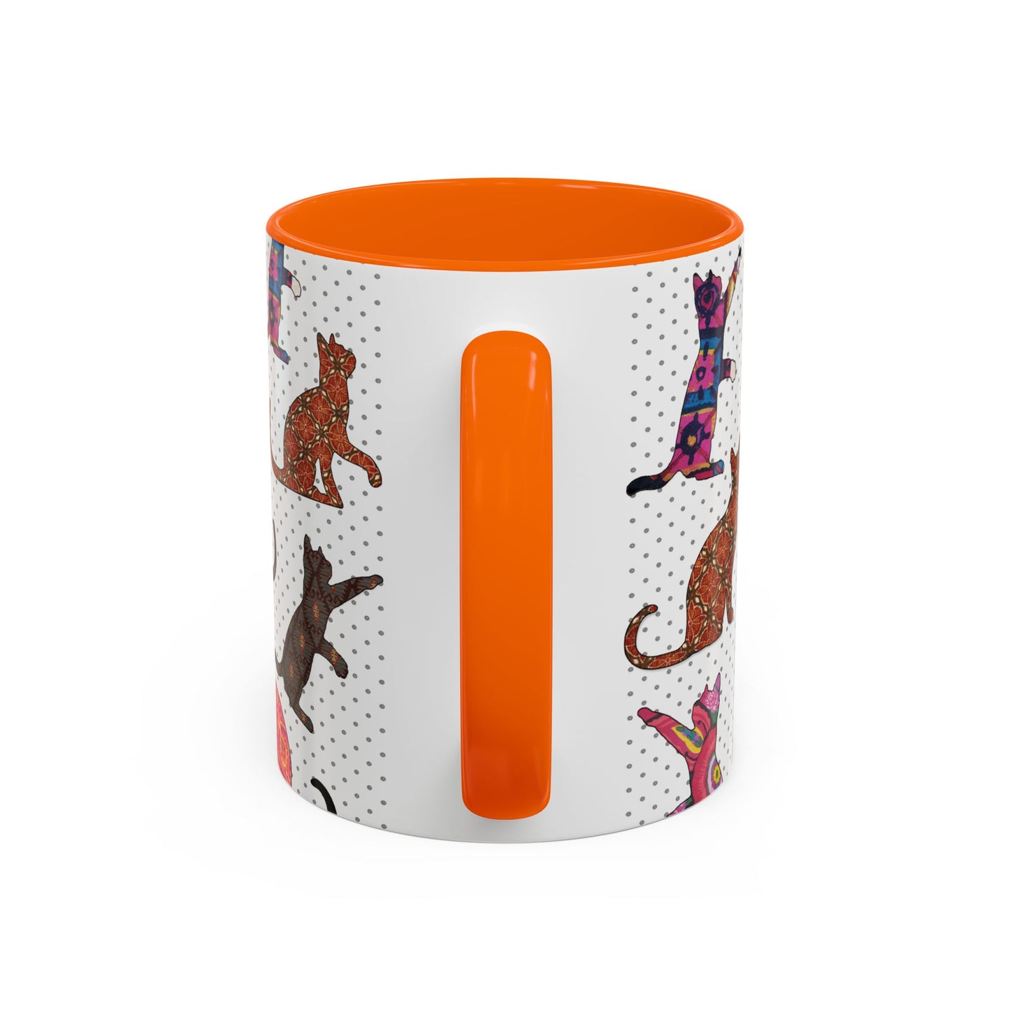 Orange mug with colorful cat silhouette pattern.