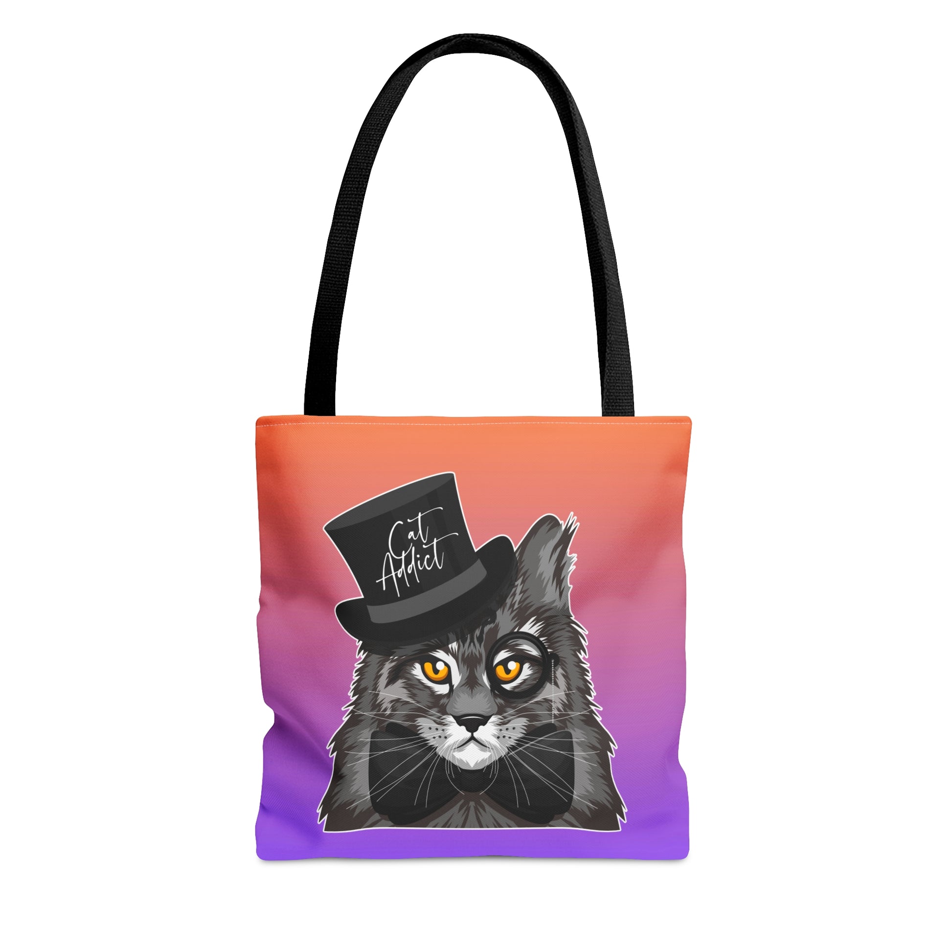 Orange & purple color Tote bag with an illustration of a Maine Coon cat wearing a top hat and the text 'Cat Addict.'   