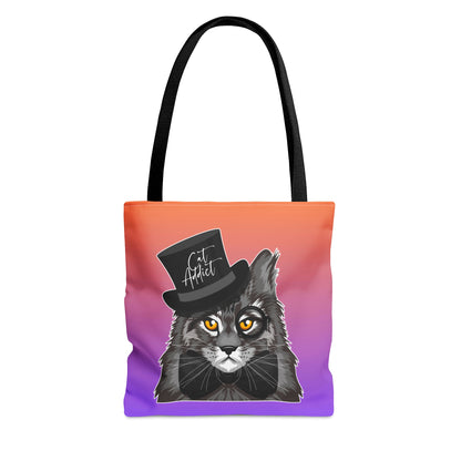 Orange & purple color Tote bag with an illustration of a Maine Coon cat wearing a top hat and the text 'Cat Addict.'   