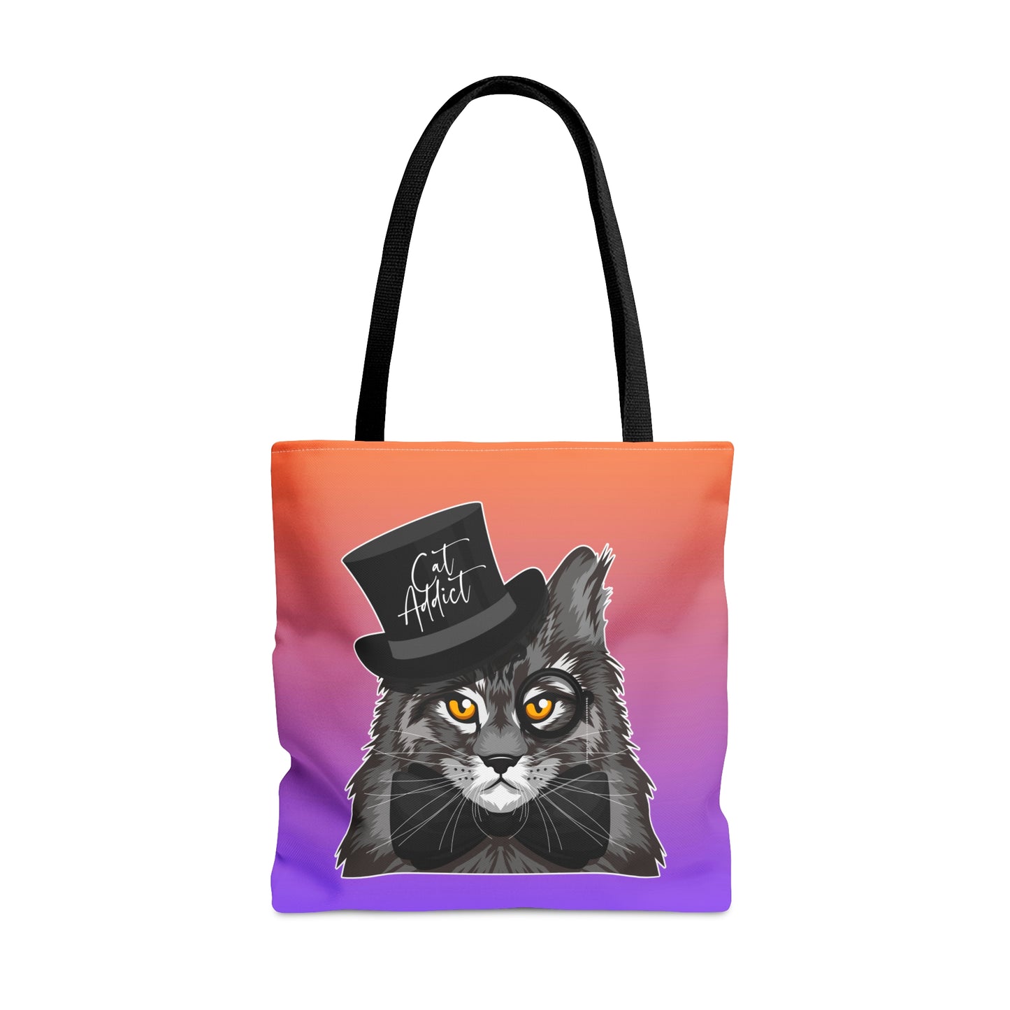 Orange & purple color Tote bag with an illustration of a Maine Coon cat wearing a top hat and the text 'Cat Addict.'   
