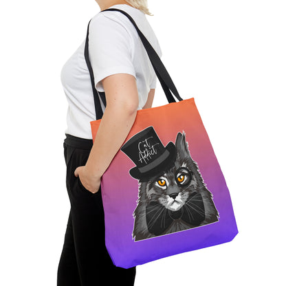 Orange & purple color Tote bag with an illustration of a Maine Coon cat wearing a top hat and the text 'Cat Addict.'   