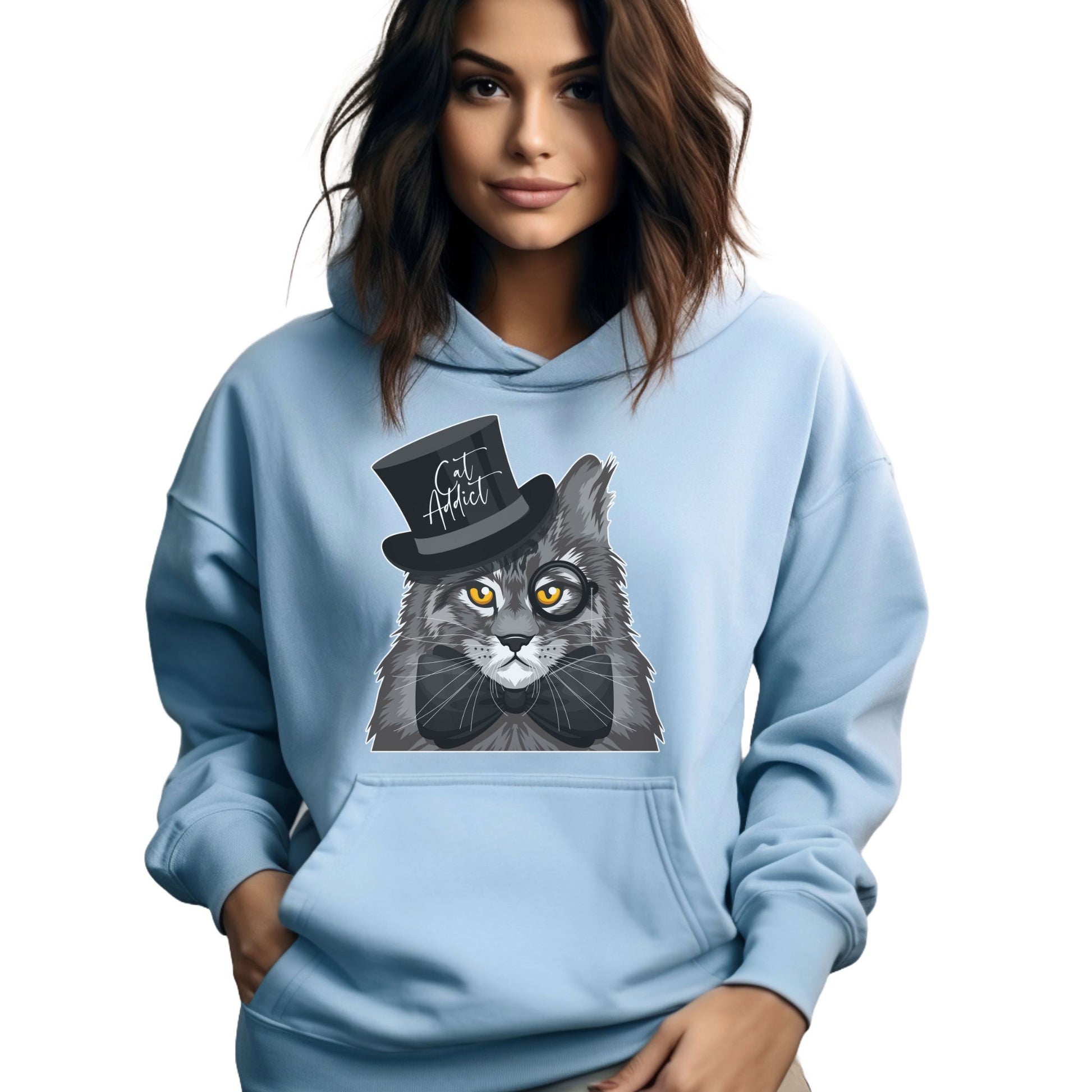 Pale Blue Cat Addict_Maine Coon Feline Themed Hooded_Sweatshirt Unisex