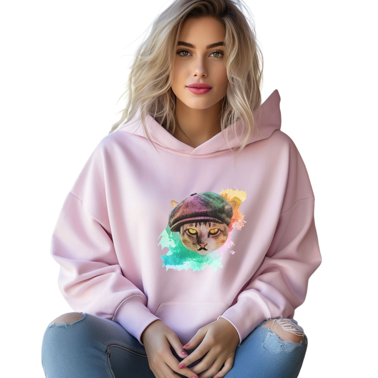 Pale Pink Baker Boy Cat Themed Hooded Sweatshirt Unisex