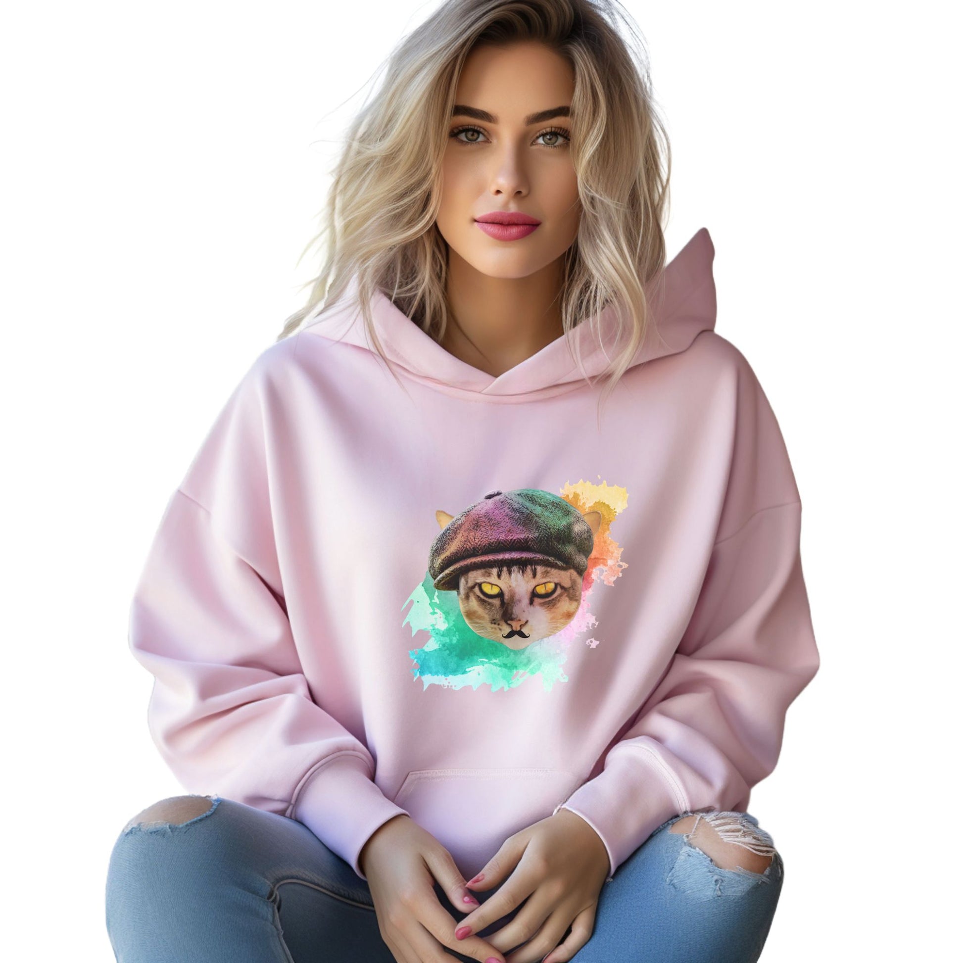 Pale Pink Baker Boy Cat Themed Hooded Sweatshirt Unisex