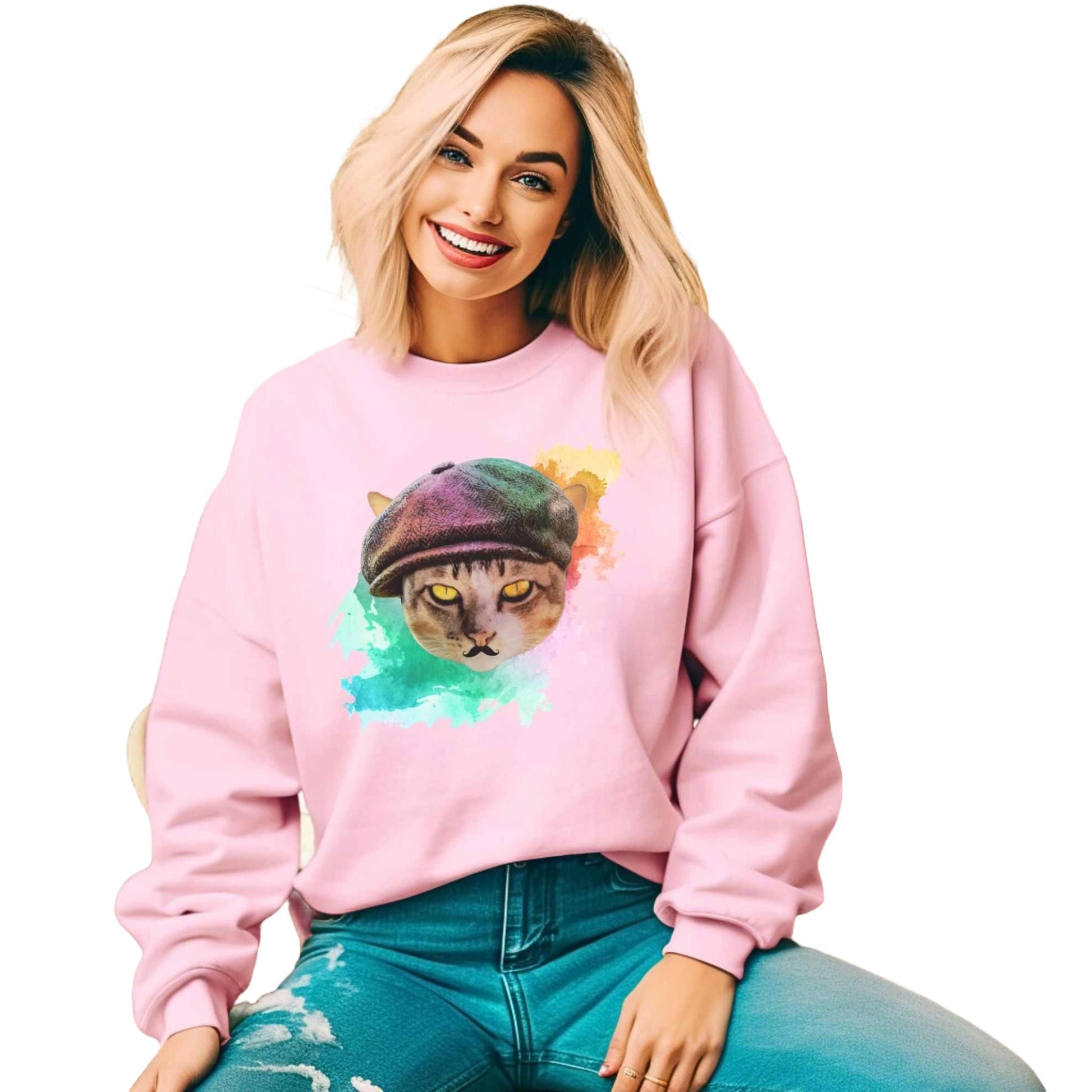 Pale Pink Baker Boy Cat Themed Crewneck Unisex Sweatshirt