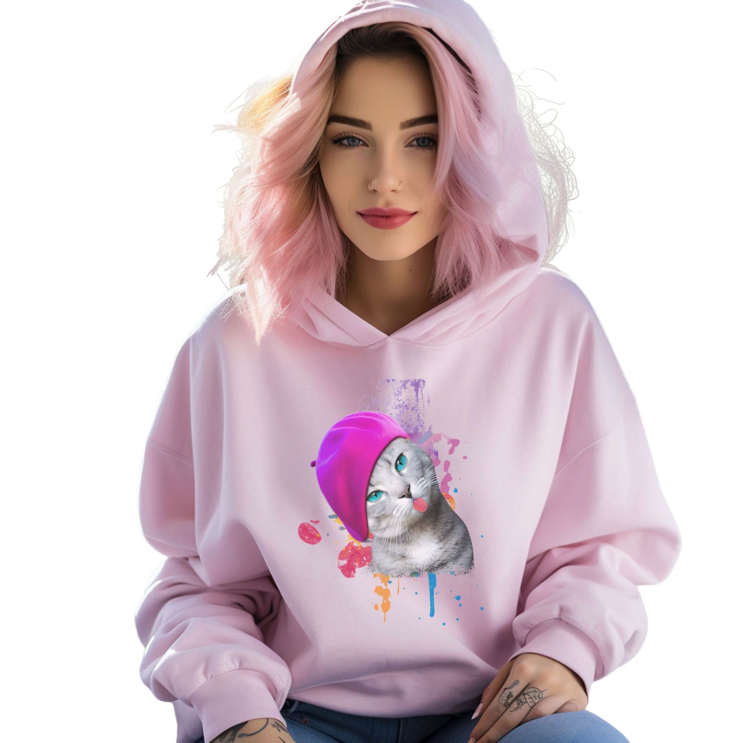 Pale Pink Beret_Girl_Cat_Themed_Hooded_sweatshirt