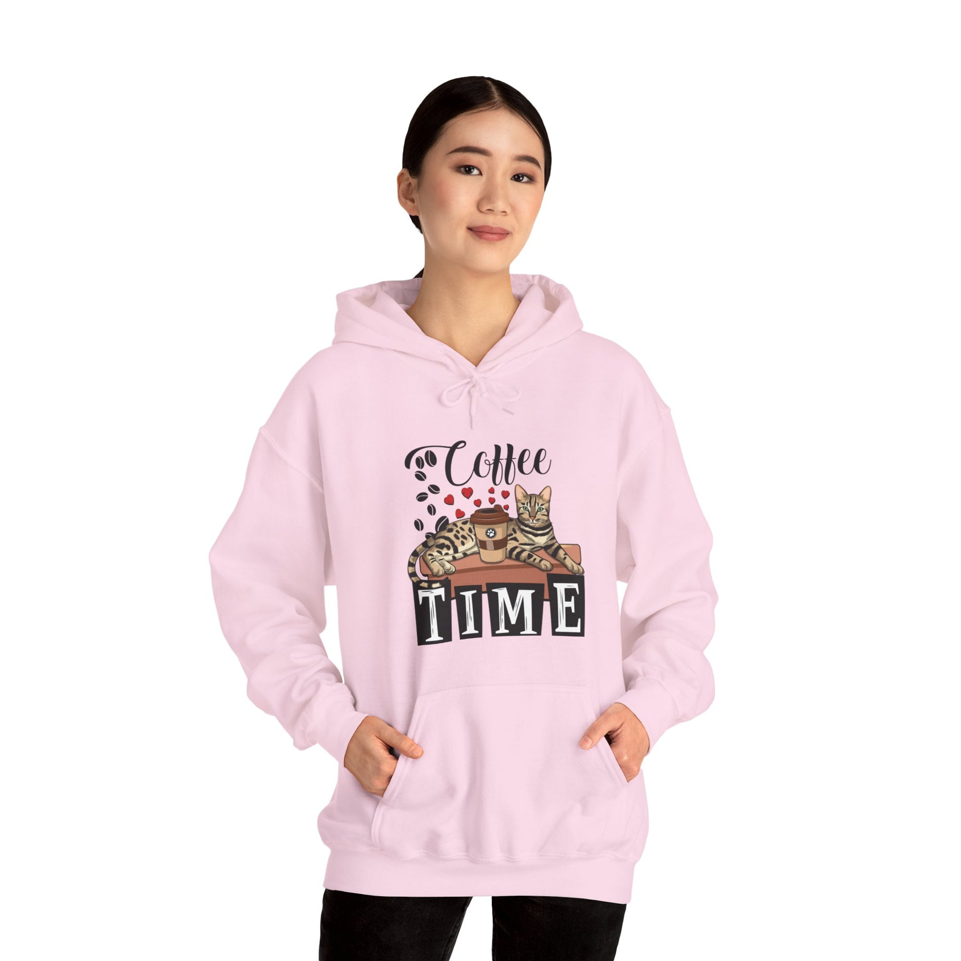 Pale Pink C☕ffee Beans & Love Hearts Cat Themed Hooded Sweatshirt Unisex