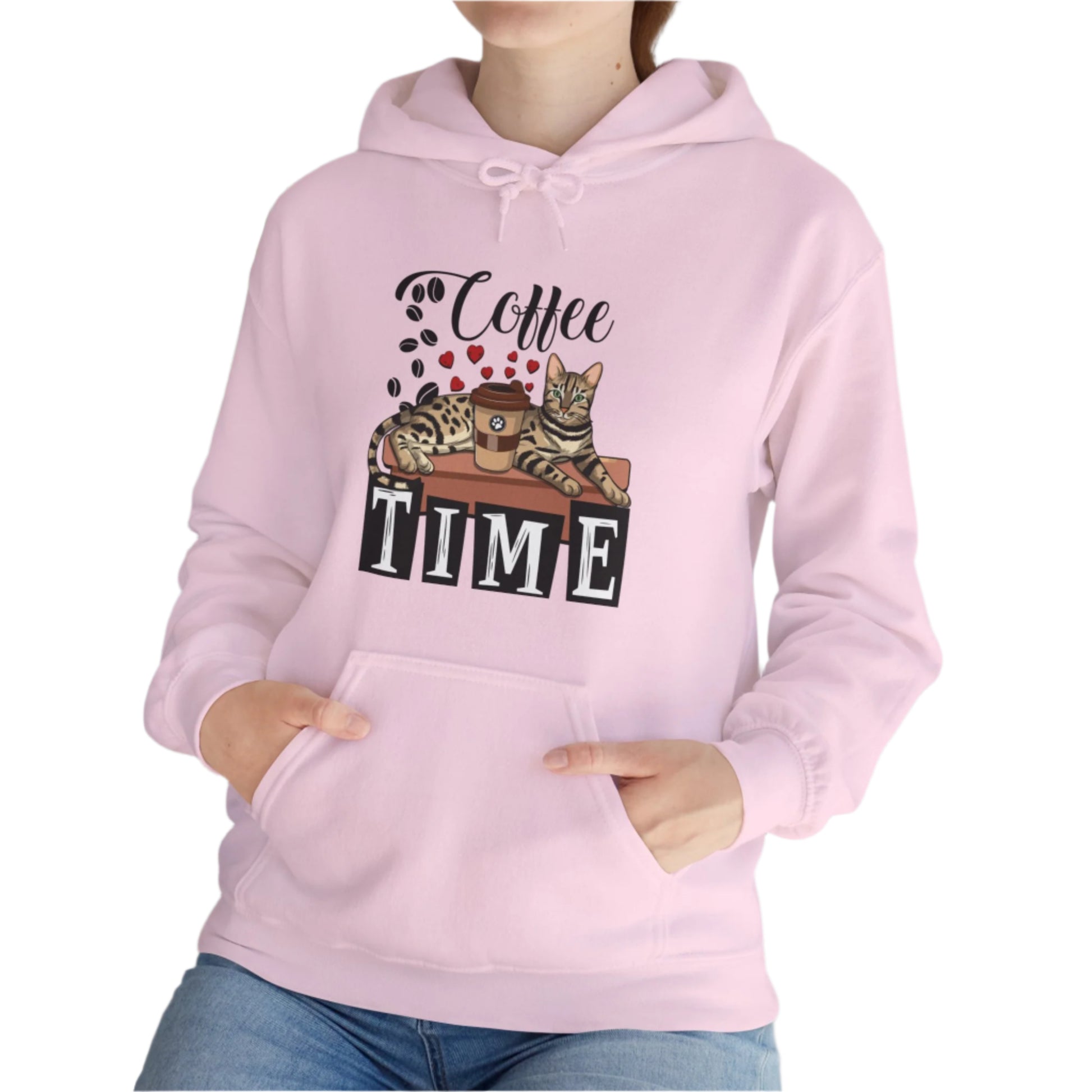 Pale Pink C☕ffee Beans & Love Hearts Cat Themed Hooded Sweatshirt Unisex