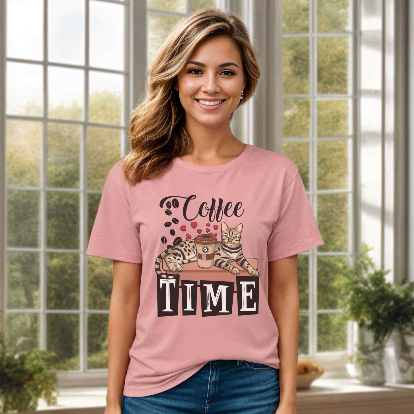 Pink Coffee_Beans_Love_Hearts_T-Shirt_Unisex Bengal Cat