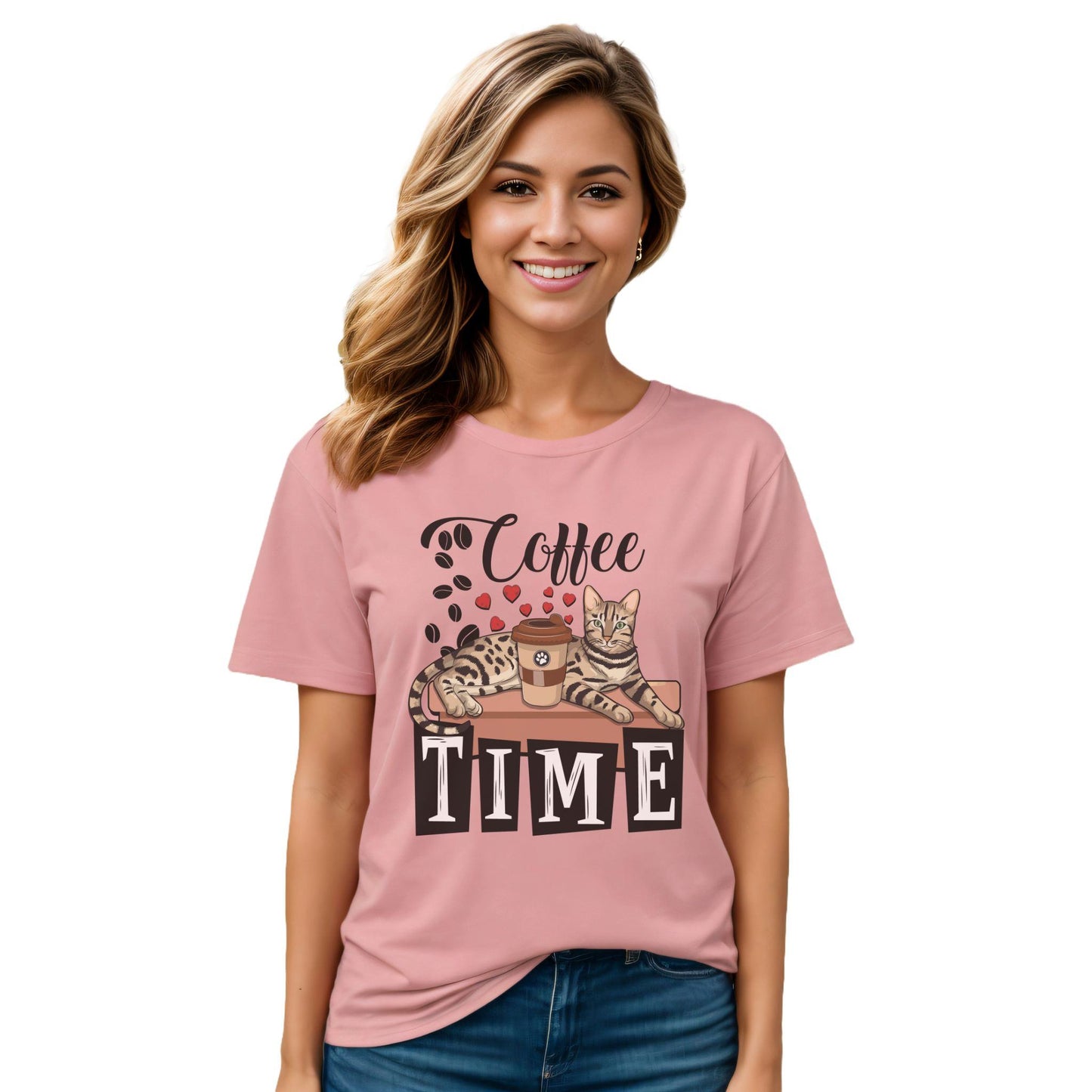 Pink Coffee_Beans_Love_Hearts_T-Shirt_Unisex Bengal Cat