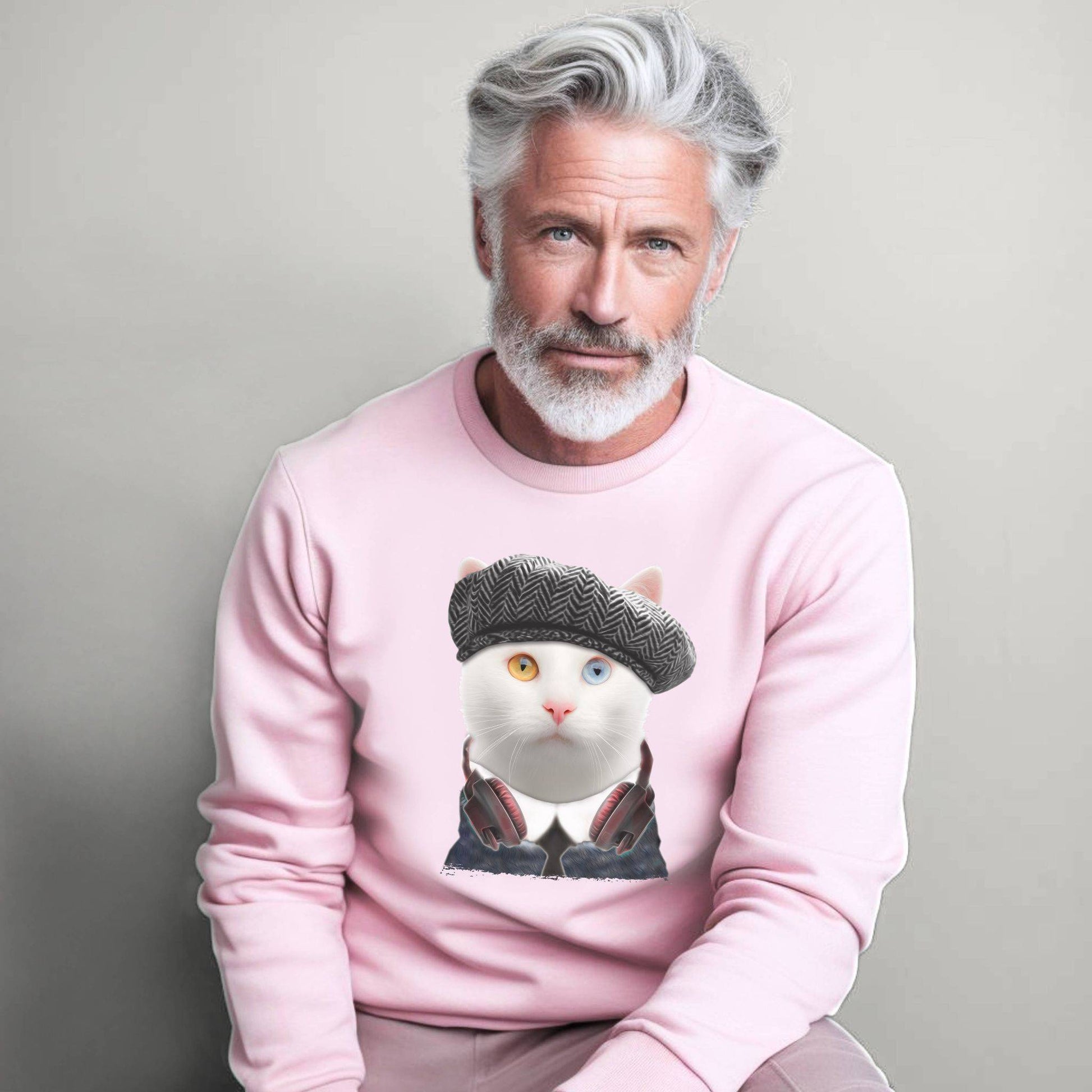 Pale Pink Headphones Crewneck Cat Themed Unisex Sweatshirt