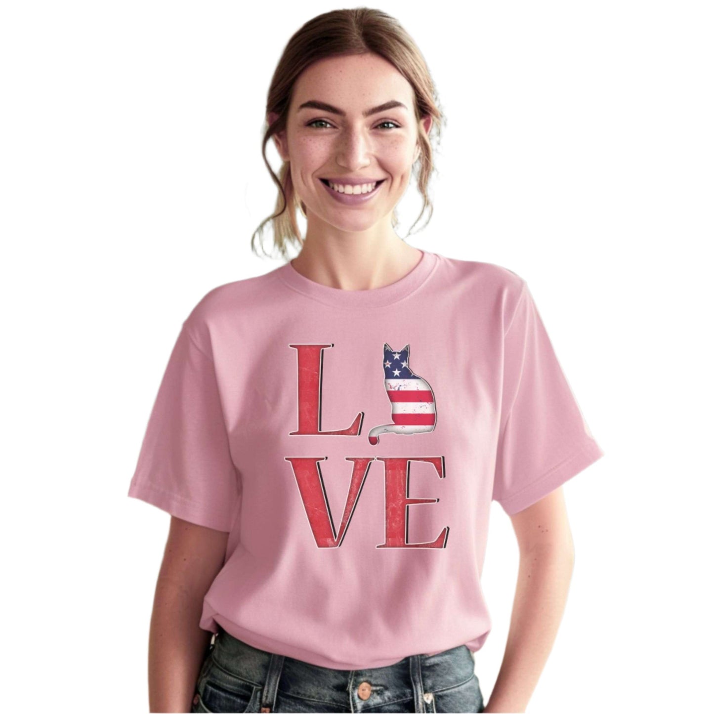 Pink Love USA T-Shirt Cat Themed Unisex