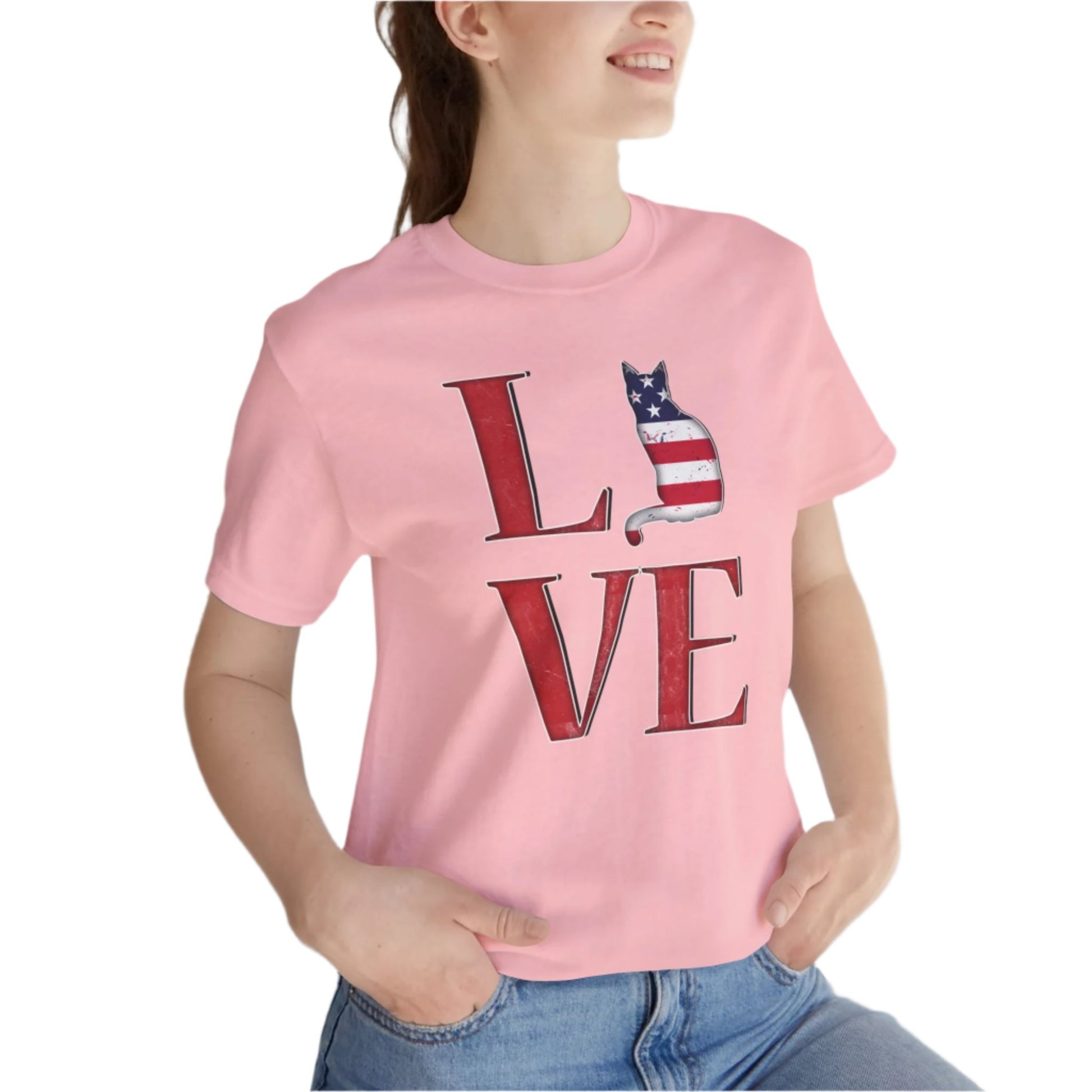 Pink Love USA T-Shirt Cat Themed Unisex