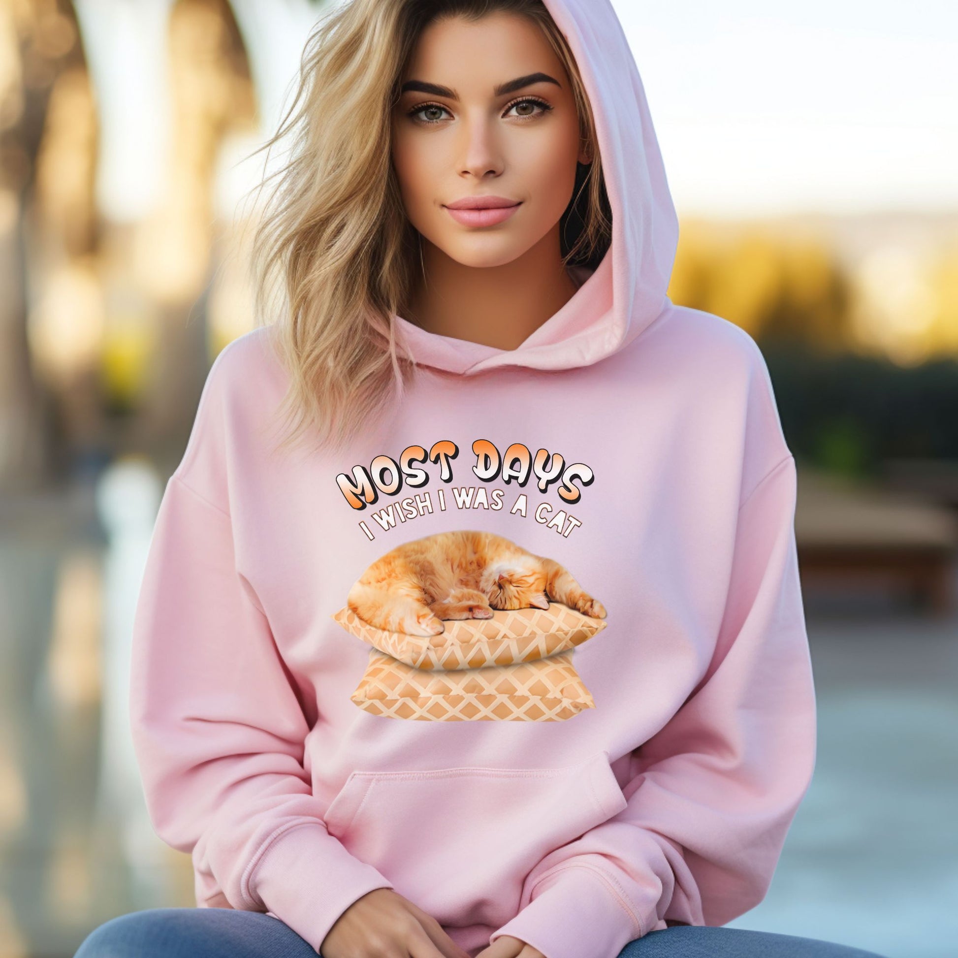 Pale Pink Most Days Cat Themed Hooded Sweatshirt Unisex 