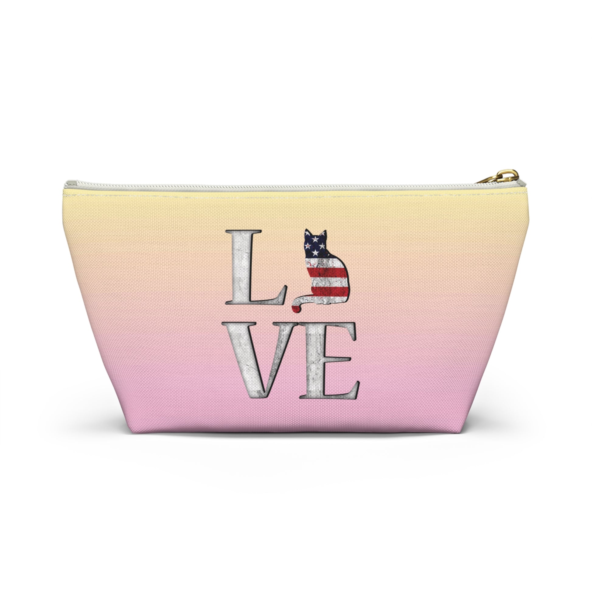 Pink and yellow cosmetic, makeup, toiletries and travel essentials accessory bag with 'LOVE' text design featuring cat silhouette pattern in colors of the American flag.