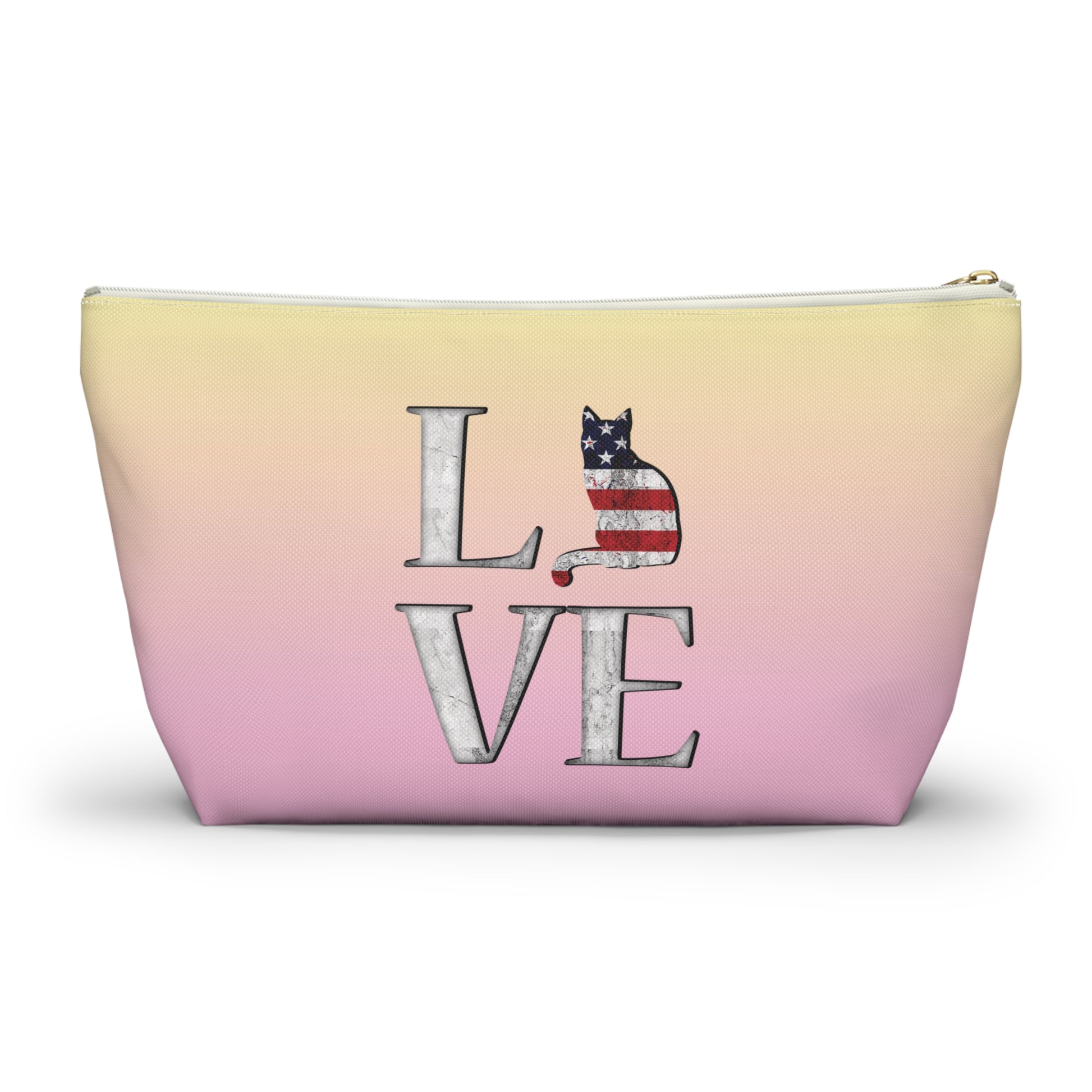 Pink and yellow cosmetic, makeup, toiletries and travel essentials accessory bag with 'LOVE' text design featuring cat silhouette pattern in colors of the American flag.