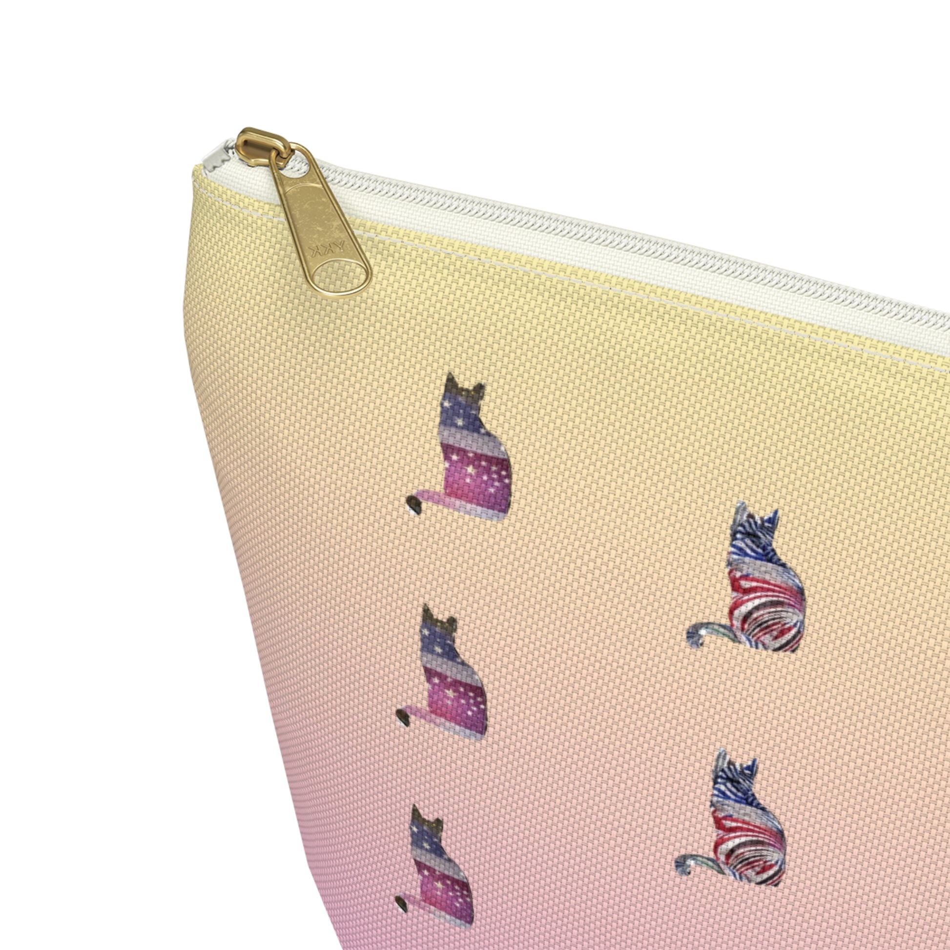 Pink and yellow cosmetic, makeup, toiletries and travel essentials accessory bag with 'LOVE' text design featuring cat silhouette pattern in colors of the American flag.