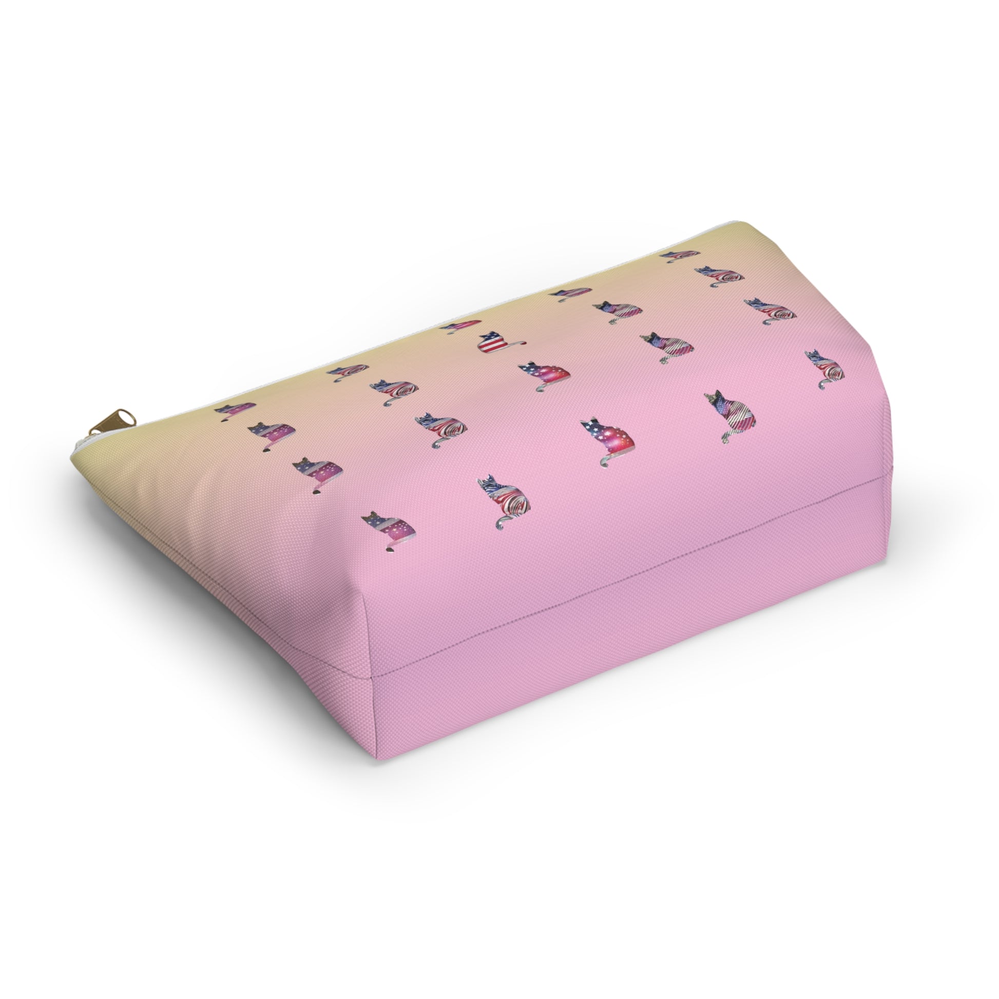 Pink and yellow cosmetic, makeup, toiletries and travel essentials accessory bag with 'LOVE' text design featuring cat silhouette pattern in colors of the American flag.