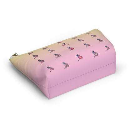 Pink and yellow cosmetic, makeup, toiletries and travel essentials accessory bag with 'LOVE' text design featuring cat silhouette pattern in colors of the American flag.