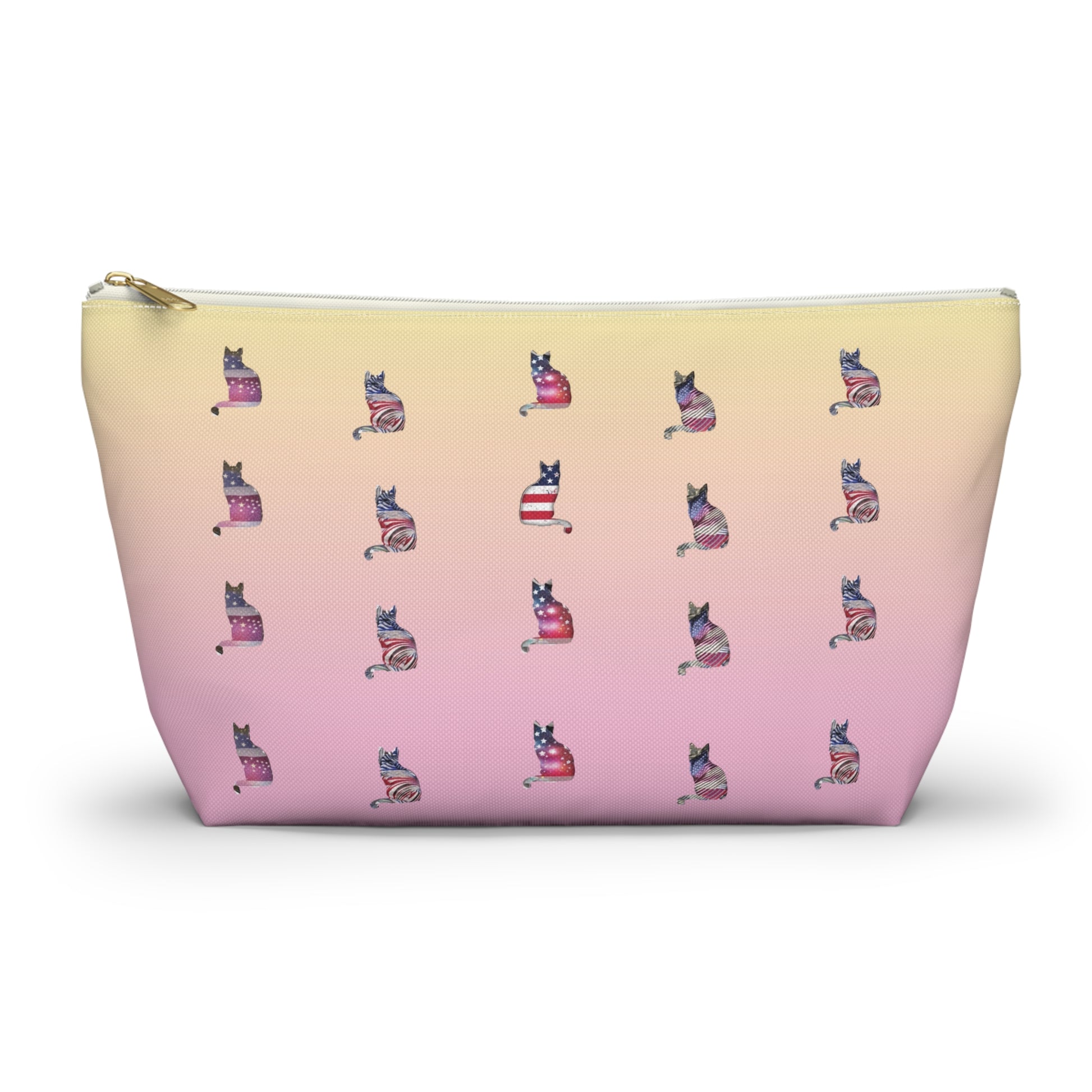 Pink and yellow cosmetic, makeup, toiletries and travel essentials accessory bag with 'LOVE' text design featuring cat silhouette pattern in colors of the American flag.