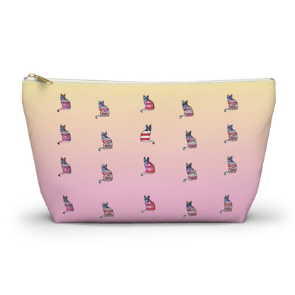 Pink and yellow cosmetic, makeup, toiletries and travel essentials accessory bag with 'LOVE' text design featuring cat silhouette pattern in colors of the American flag.