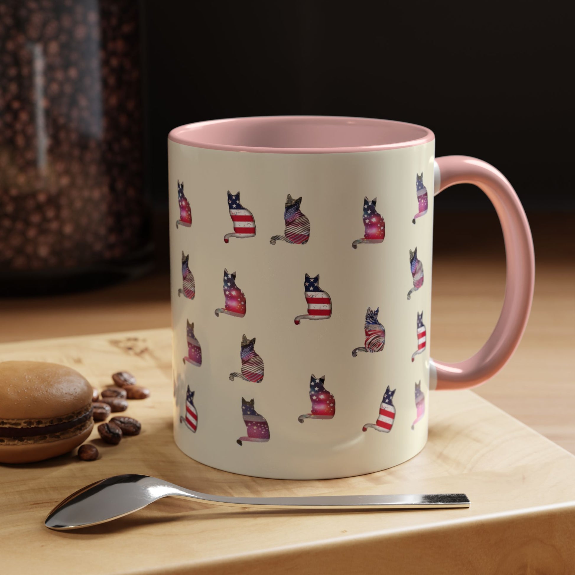 Pink mug with LOVE text and cat silhouette graphics in colors of American flag.