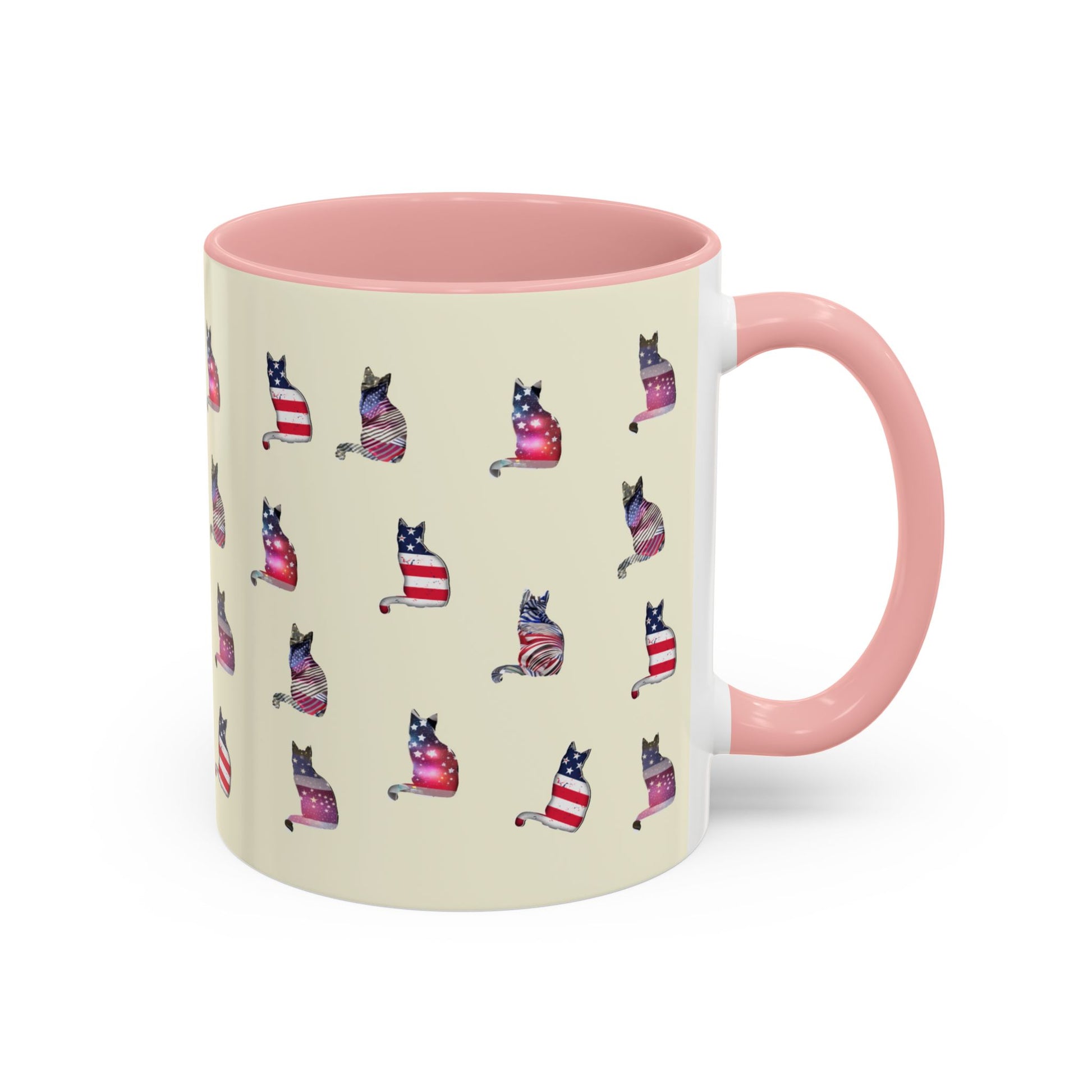 Pink mug with LOVE text and cat silhouette graphics in colors of American flag.