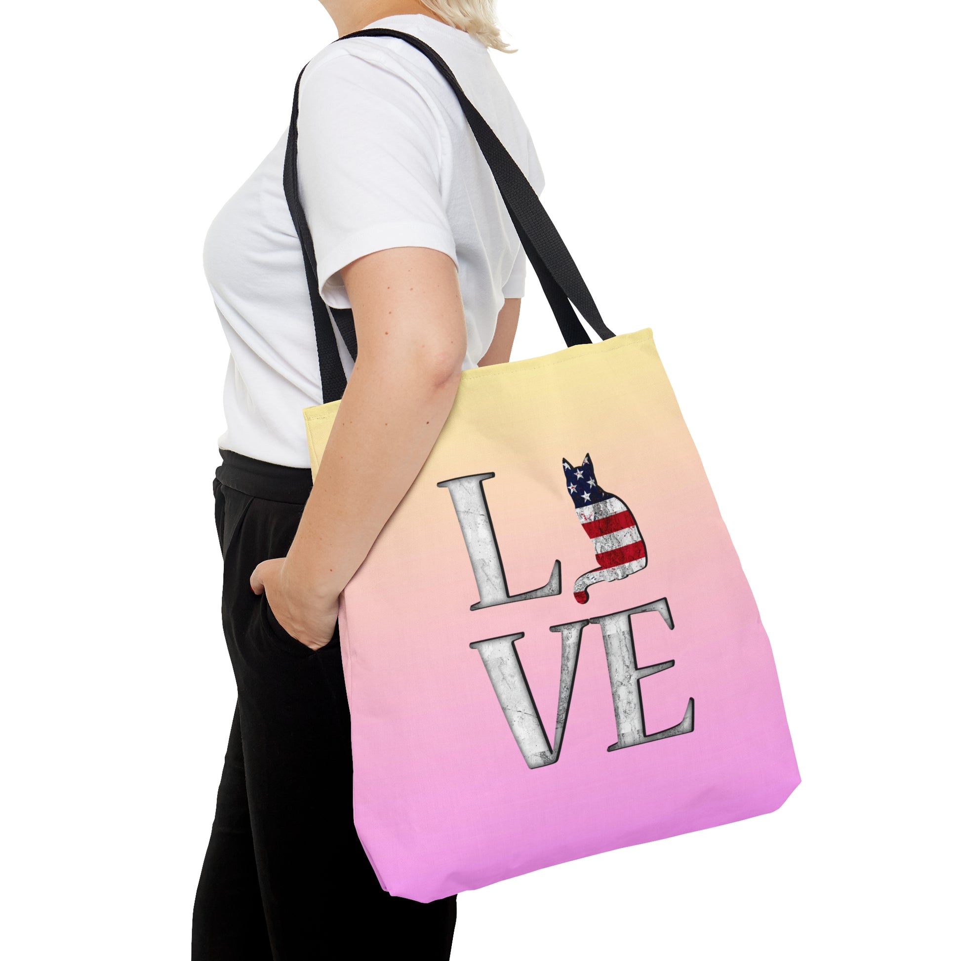 Pink & yellow colored Tote bag with 'LOVE' text  and cat silhouettes with a Stars & Stripes theme