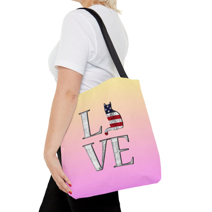 Pink & yellow colored Tote bag with 'LOVE' text  and cat silhouettes with a Stars & Stripes theme