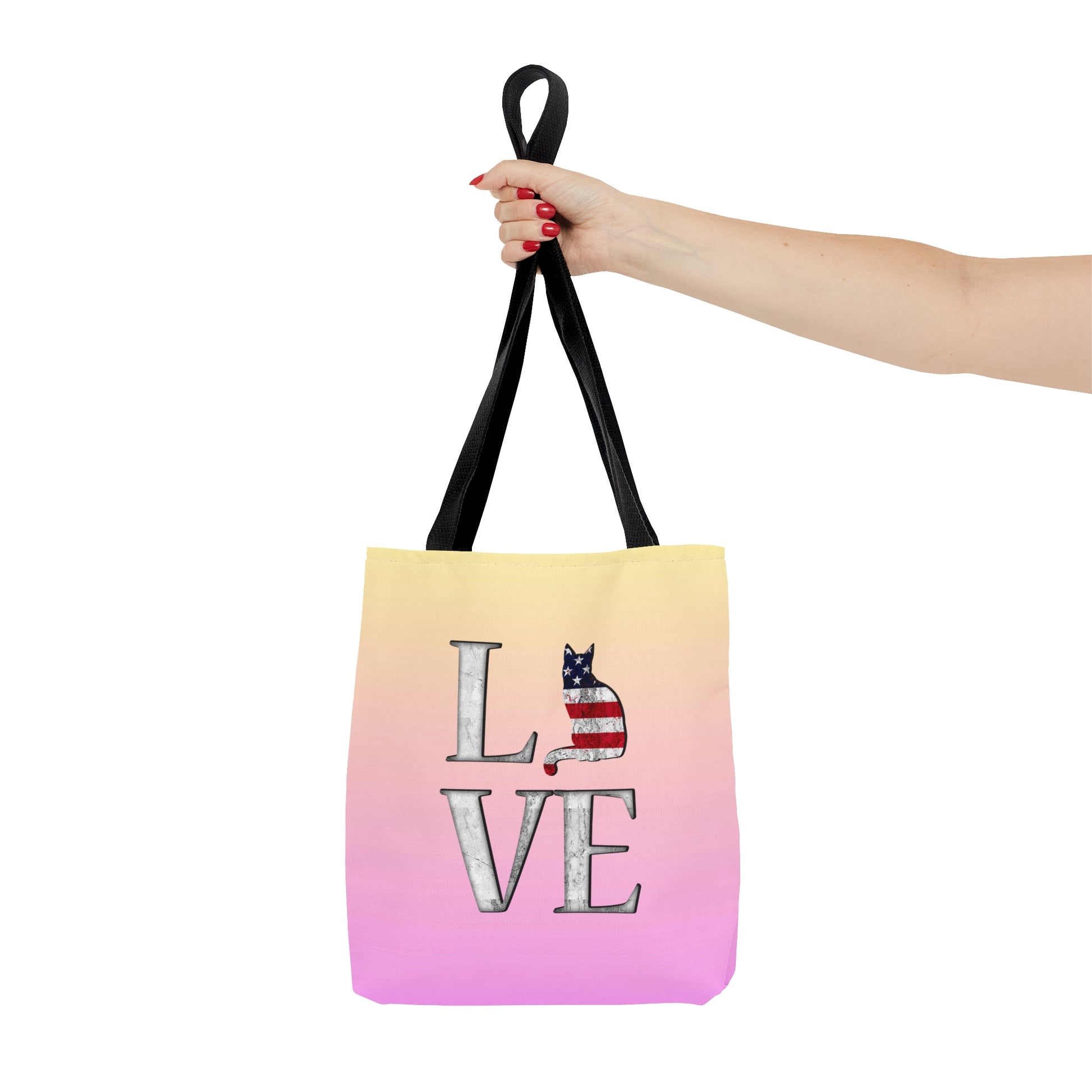 Pink & yellow colored Tote bag with 'LOVE' text  and cat silhouettes with a Stars & Stripes theme
